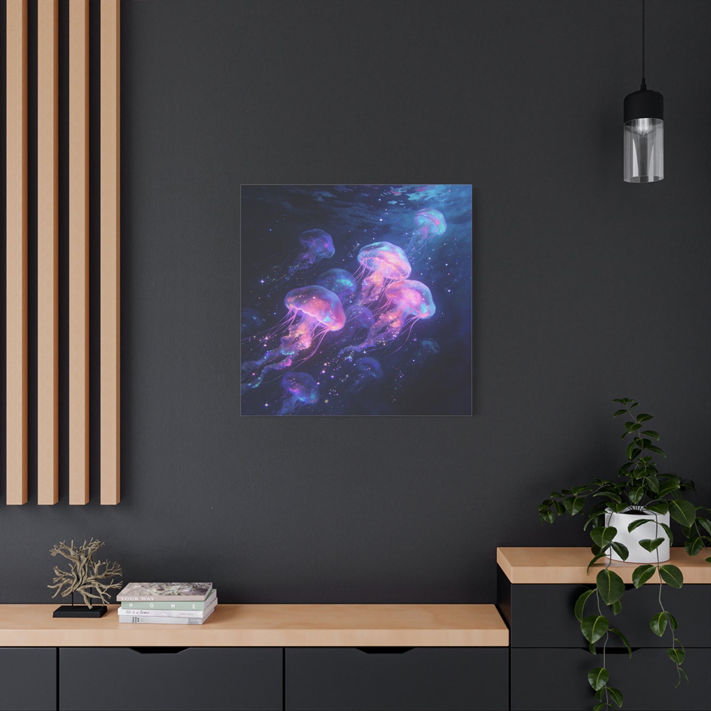 Glowing Jellyfish Canvas Wall Art - Ocean Fantasy Sea Life Decor, Luminous Pink Blue Artwork - Matte Canvas Print, Contemporary Style - Bedroom Wall Decor, Meditation Space Accent - Ready to Hang