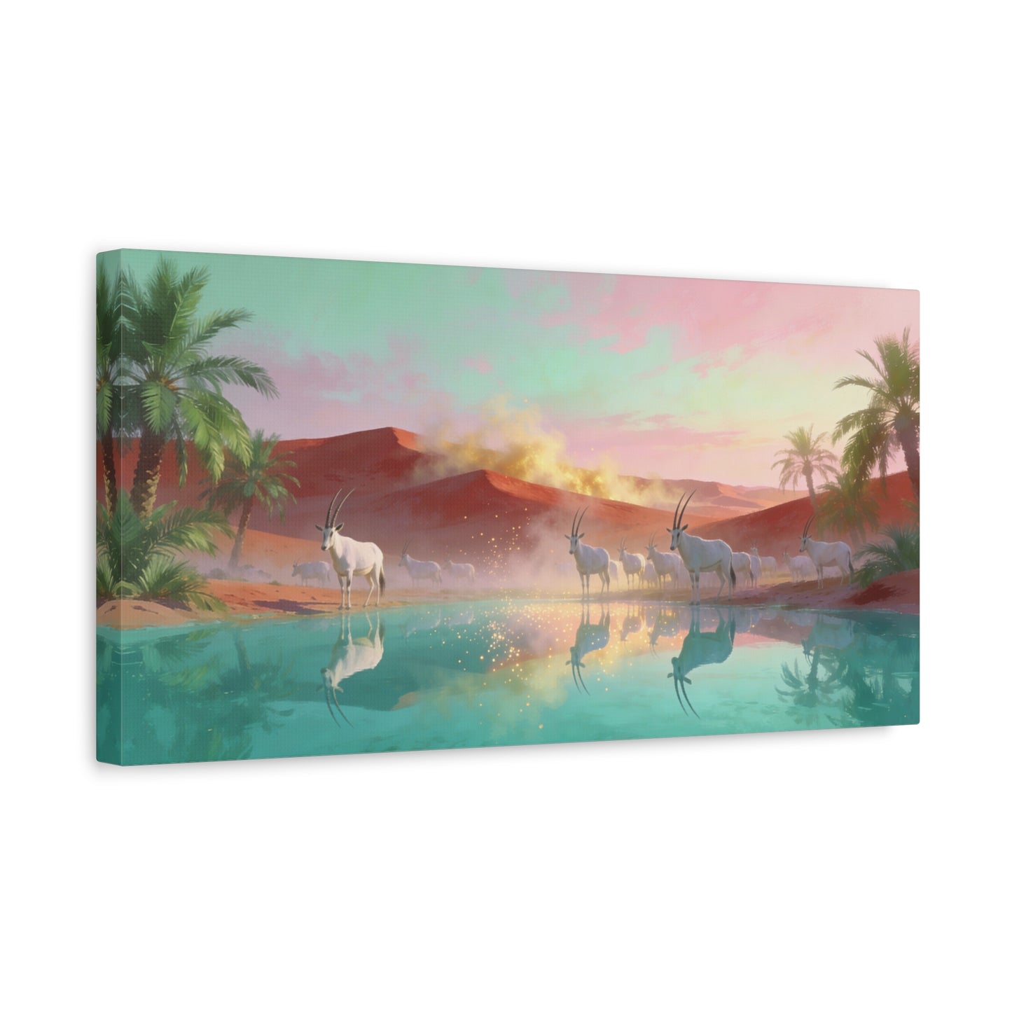 Desert Oasis Oryx Canvas Wall Art - Antelope Lake Reflection, Palm Dunes - Dreamy Surreal Cotton Print - Contemporary Landscape Style - Living Room Wall Decor, Bedroom Accent - Bedroom Home Decoration