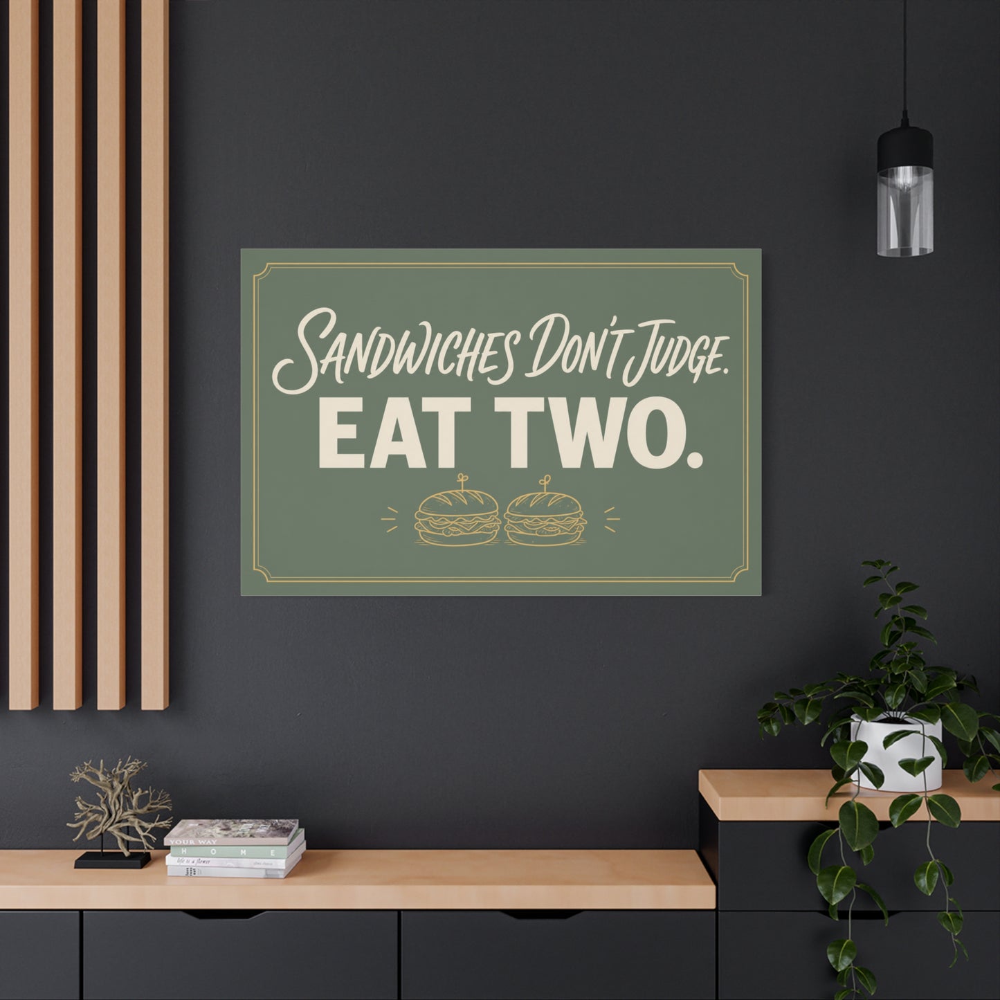 "Sandwiches Don't Judge. Eat Two." Funny Canvas Wall Art - Retro Typography Food Quote Print, Sage Green - Modern Farmhouse Style - Deli Wall Decor - Sandwich Shop Sign - Diner Decor - Ready to Hang