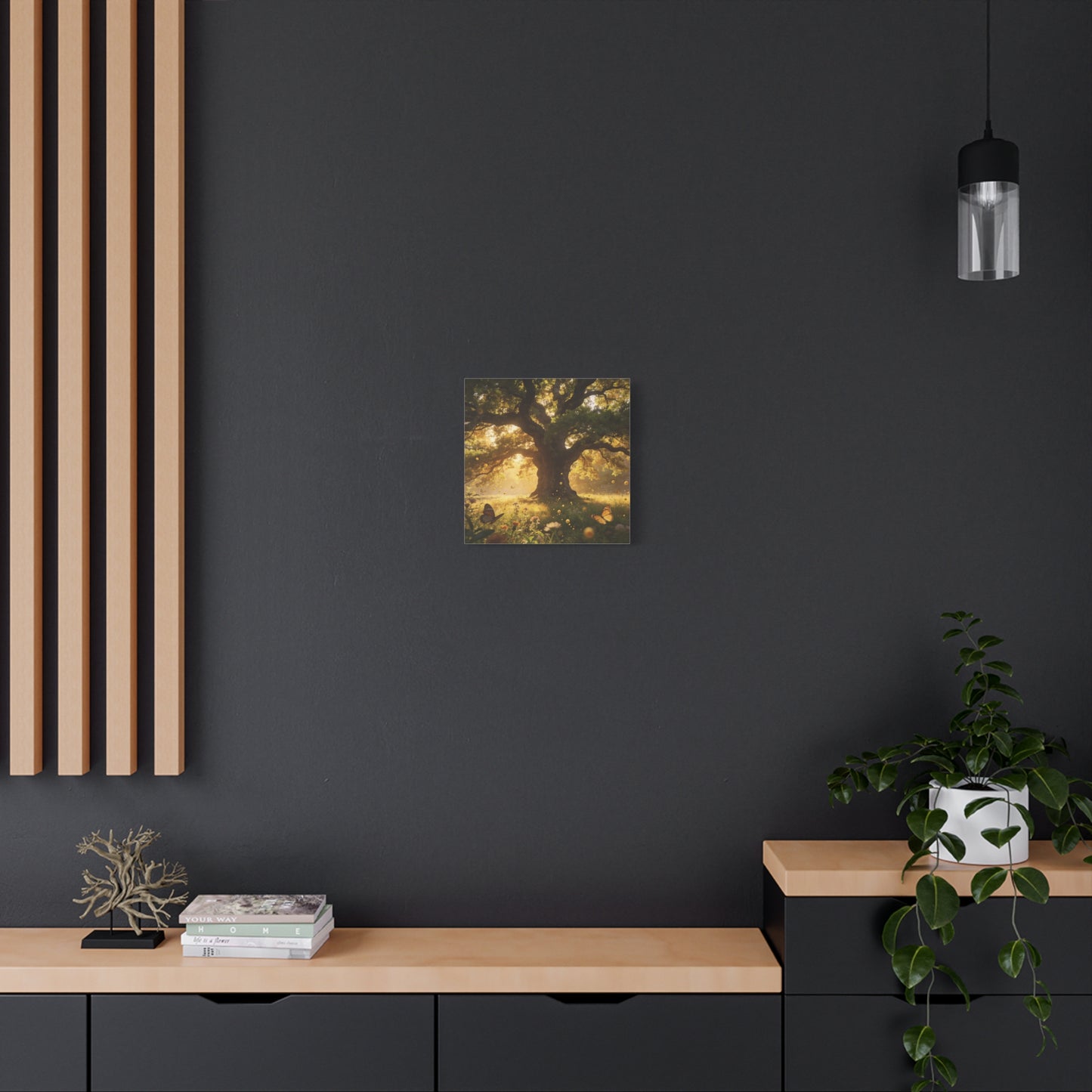 Sunlit Oak Tree Canvas Wall Art - Golden Meadow Butterflies, Nature Landscape Print - Matte Cotton Art Print, Traditional Style - Living Room Wall Decor, Bedroom Home Decoration - Ready to Hang