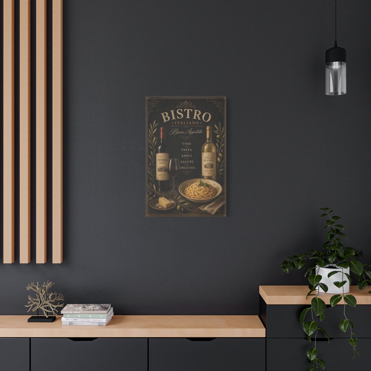 "Bistro Italiano Buon Appetito" Canvas Wall Art - Wine Bottles, Pasta, Olives - Vintage Italian Kitchen Decor - Rustic Farmhouse Style - Dining Room Accent, Cafe Wall Decor - Bedroom Home Decoration