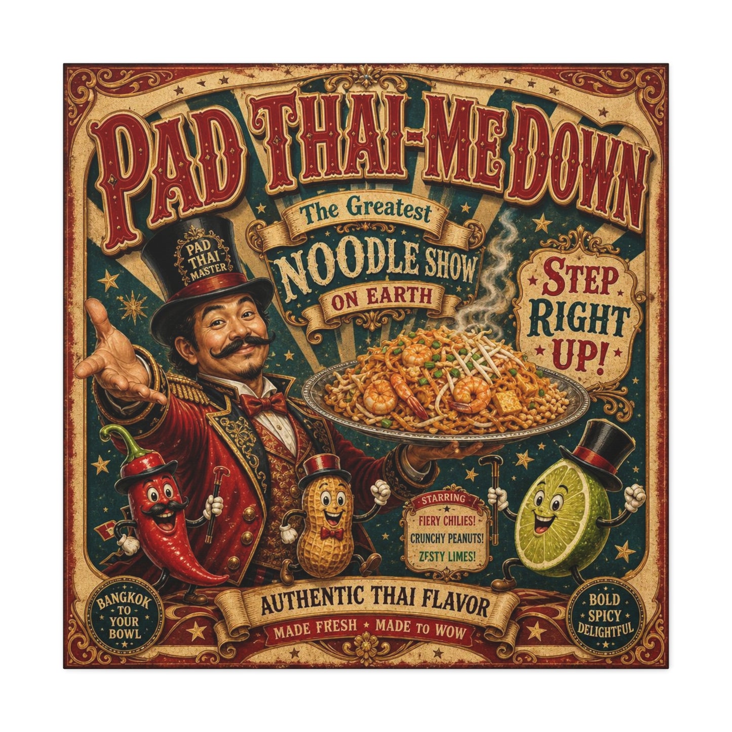 "Pad Thai-Me Down" Canvas Wall Art - Vintage Circus Noodle Poster, Typography Illustration, Whimsical Restaurant Decor, Cafe Wall Decor, Retro Kitchen Accent, Matte Canvas Print - Ready to Hang
