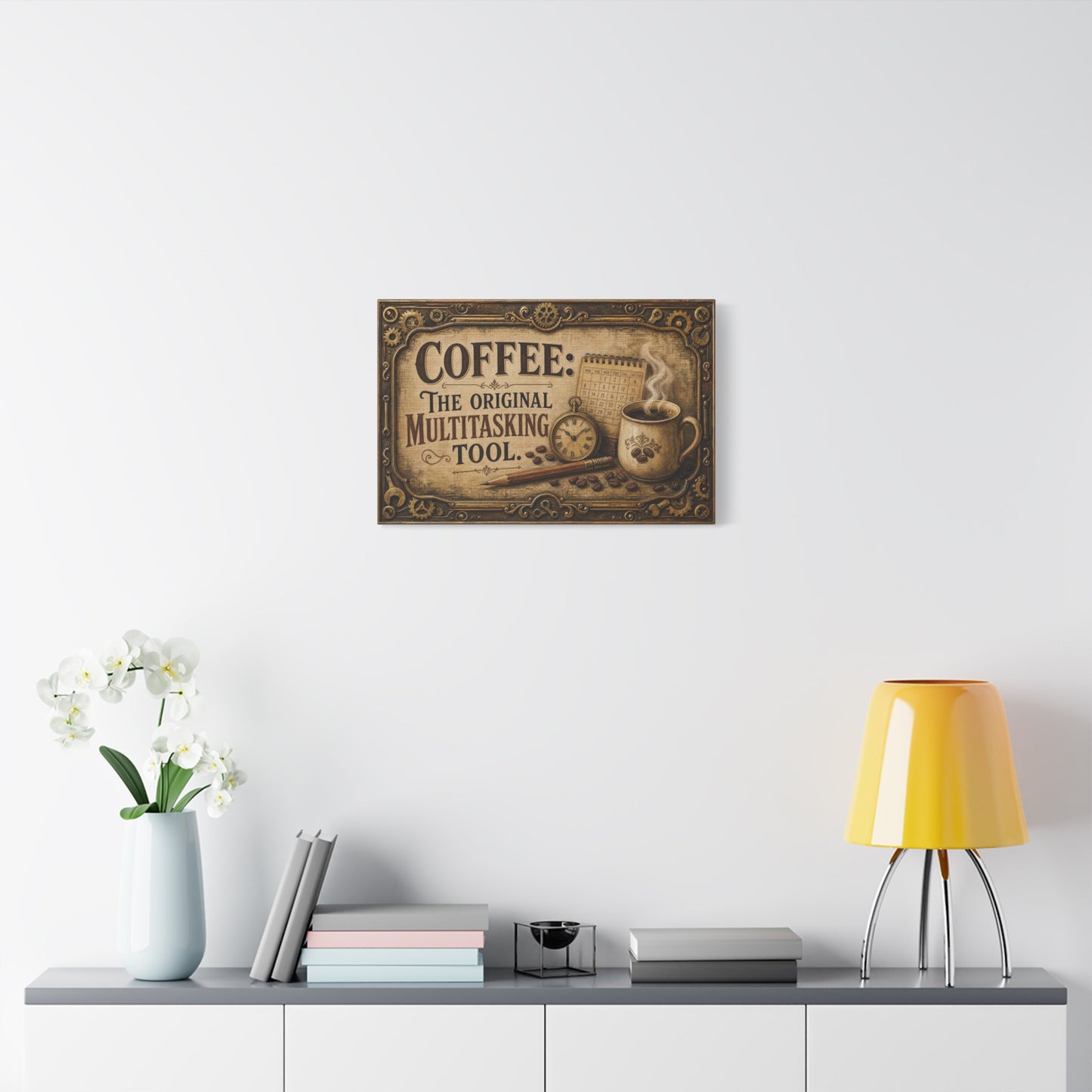 "Coffee: The Original Multitasking Tool." Canvas Wall Art - Vintage Coffee Cup Quote Print, Rustic Wall Decor, Steampunk Style, Cafe Accent - Ready to Hang - Bistro Decor - Espresso Bar Sign