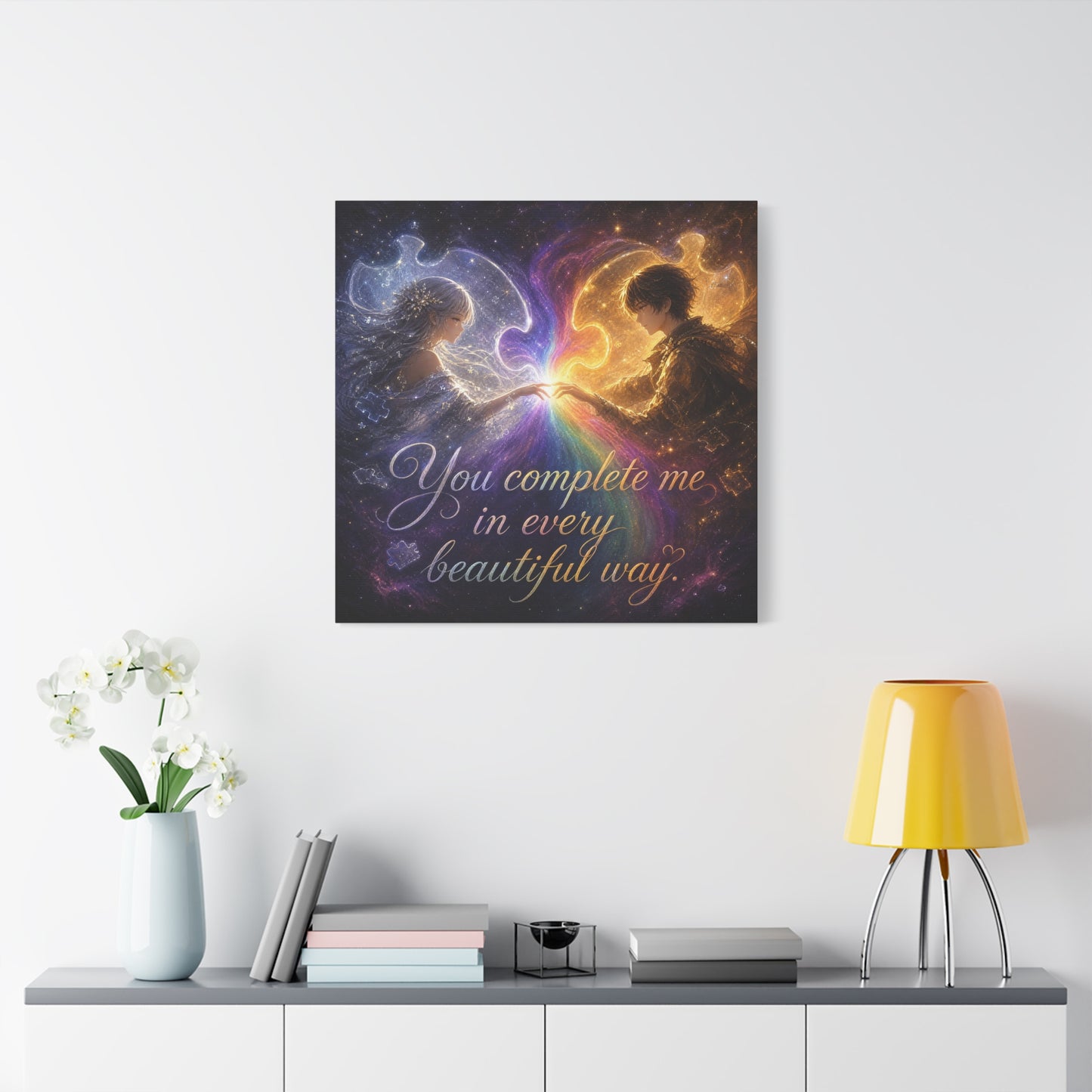 "You Complete Me In Every Beautiful Way" Romantic Couple Canvas Wall Art - Celestial Puzzle Soulmate Quote Print, Fantasy Love Decor - Bedroom Wall Hanging - Ready to Hang - Bedroom Home Decoration