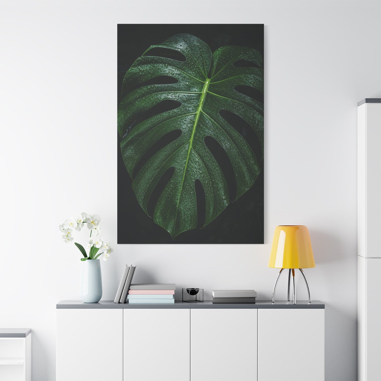 Monstera Leaf Canvas Wall Art - Botanical Art Print, Dark Green Tropical Foliage Print - Matte Cotton Canvas - Contemporary Minimalist Style - Living Room Wall Decor, Bedroom Home Accent