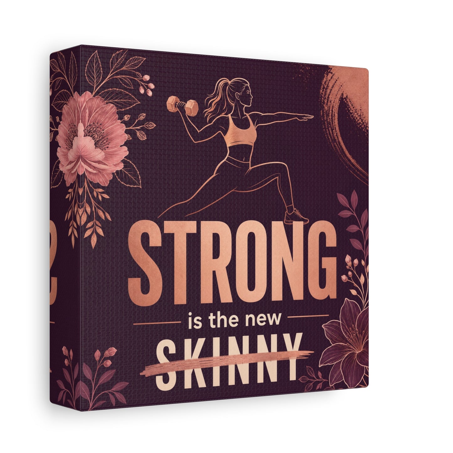 "Strong Is The New Skinny" Fitness Canvas Wall Art - Woman With Dumbbell Floral Quote Print - Rose Gold Motivational Decor - Modern Bedroom Wall Decor - Bedroom Home Decoration - Cozy Reading Nook Art
