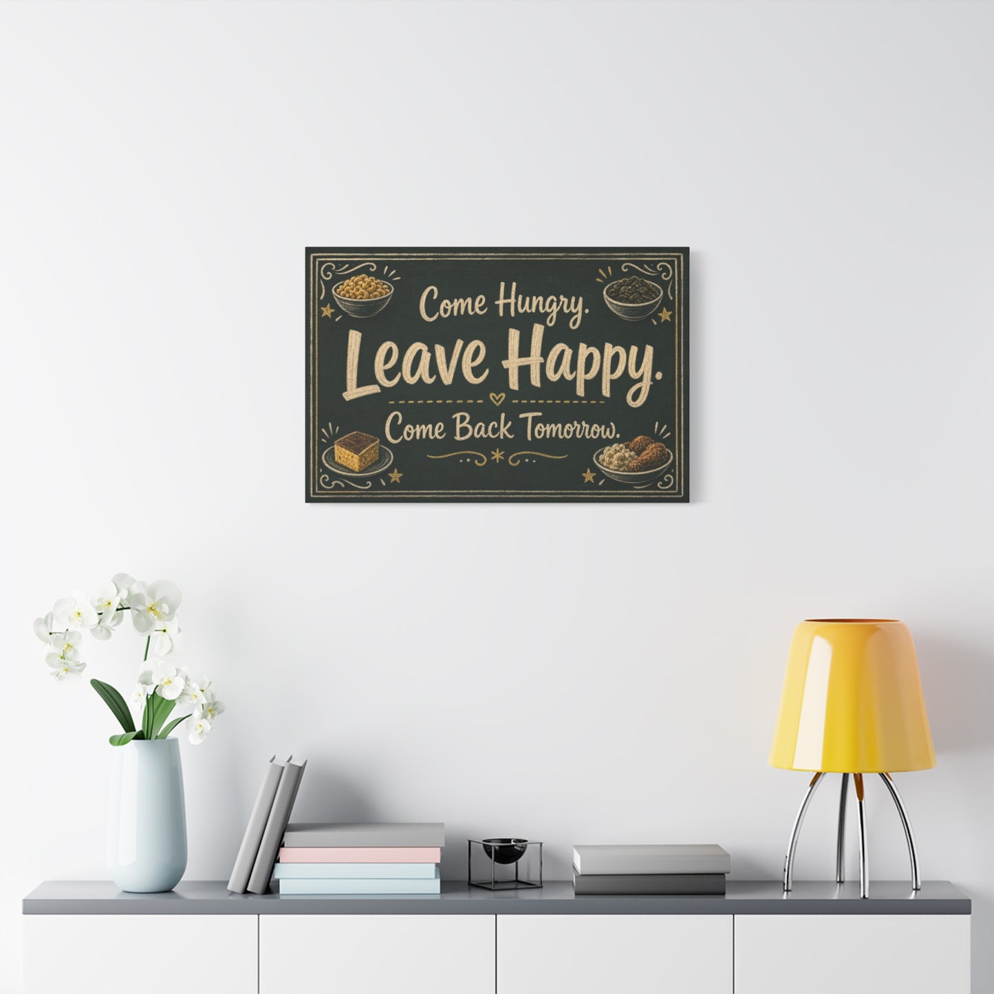 "Come Hungry. Leave Happy. Come Back Tomorrow." Canvas Wall Art - Chalkboard Food Quote Print, Rustic Farmhouse Style, Restaurant Accent - Restaurant Wall Decor - Bistro Sign Decor - Ready to Hang