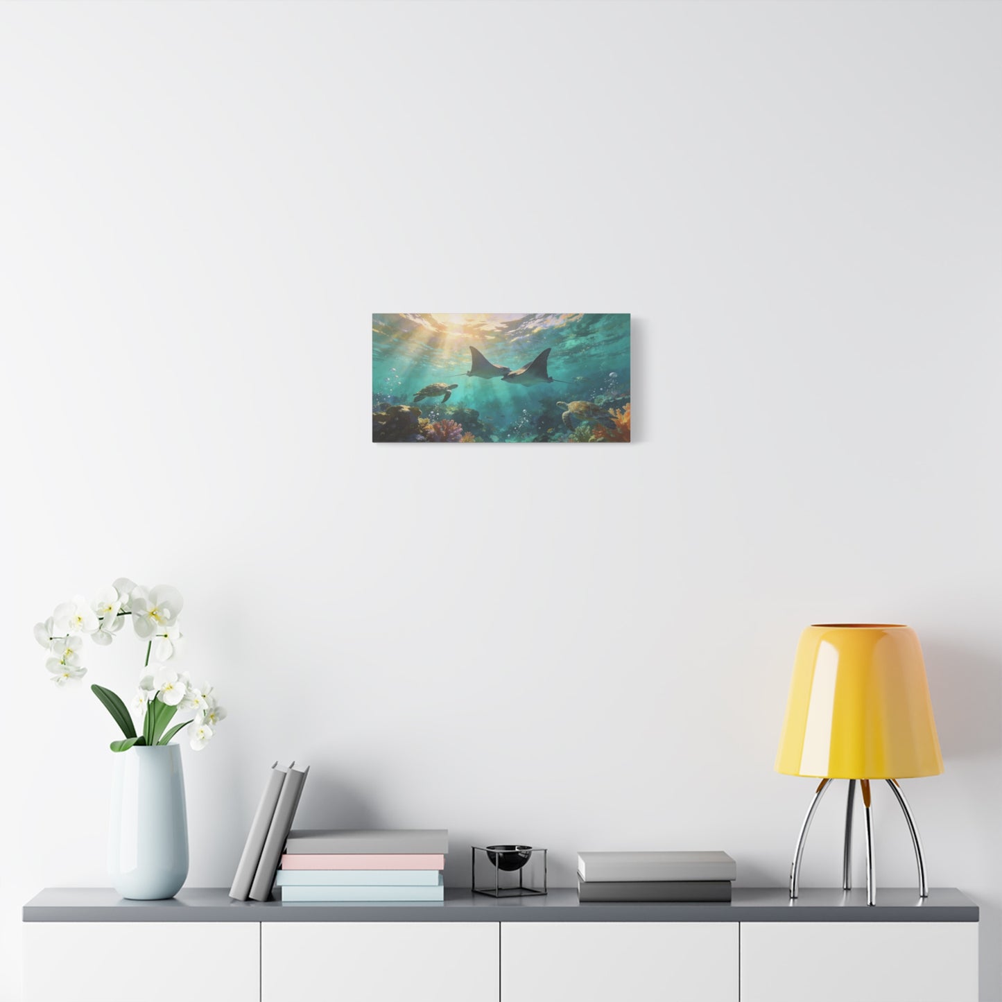 Manta Ray And Sea Turtle Canvas Wall Art - Underwater Ocean Reef Scene, Coastal Wall Decor - Matte Cotton Canvas Print - Contemporary Seascape Style - Living Room Bedroom Office - Ready to Hang