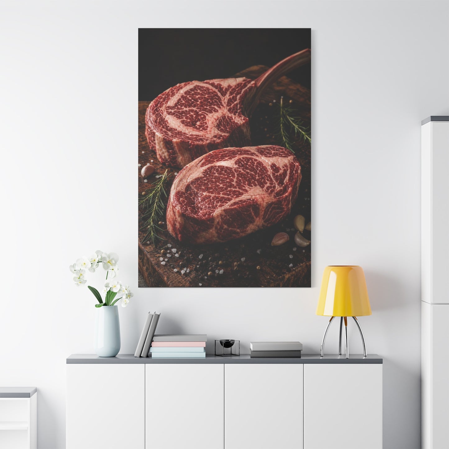 Raw Ribeye Steak Canvas Wall Art - Rustic Food Art Print, Butcherhouse Kitchen Decor, Cotton Art Print, Moody Culinary Still Life - Dining Room Accent, Restaurant Wall Decor - Modern Farmhouse Style