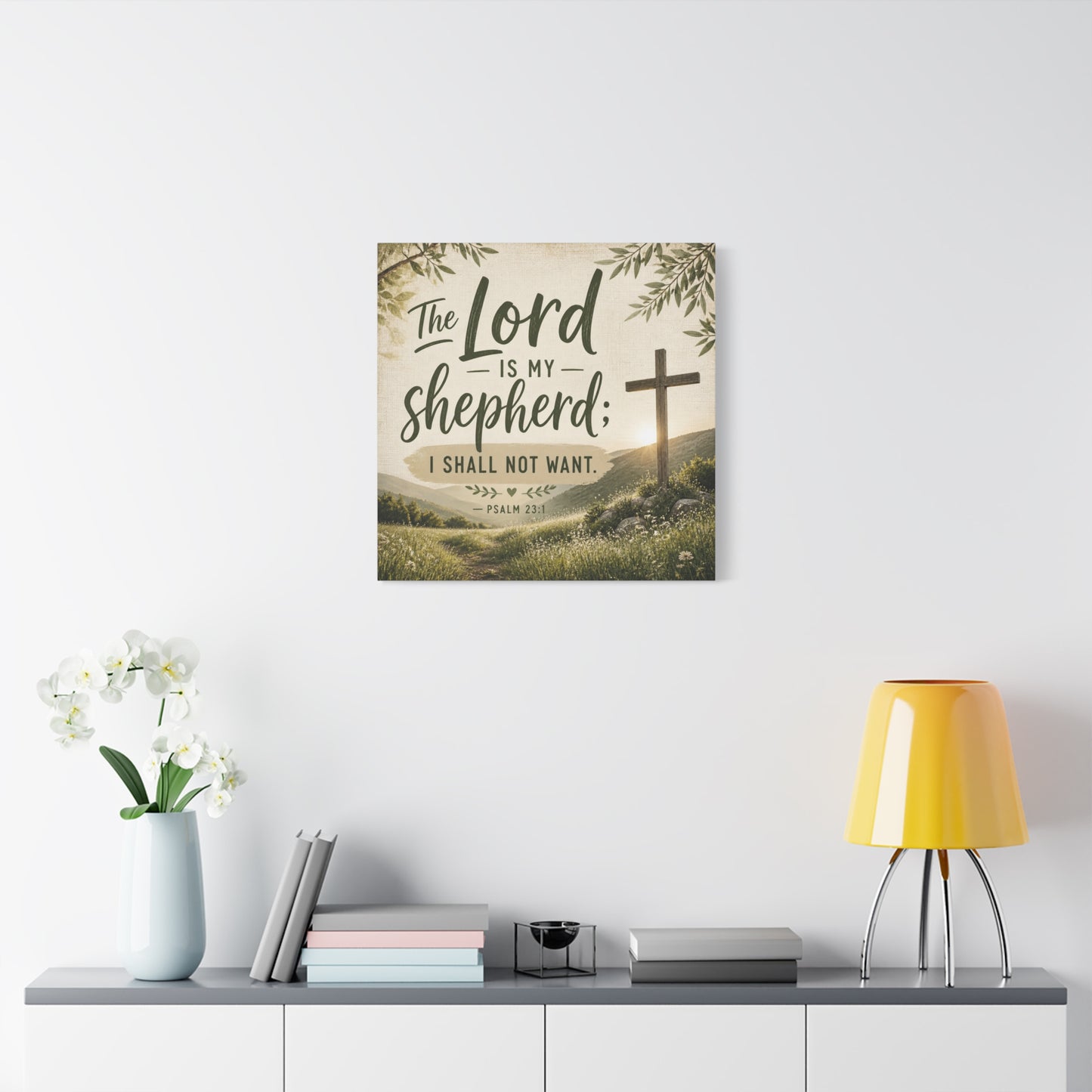 "The Lord Is My Shepherd, I Shall Not Want. - Psalm 23:1" Christian Canvas Wall Art - Rustic Cross Meadow Landscape, Farmhouse Scripture Decor, Bedroom Living Room Wall Hanging - Ready to Hang