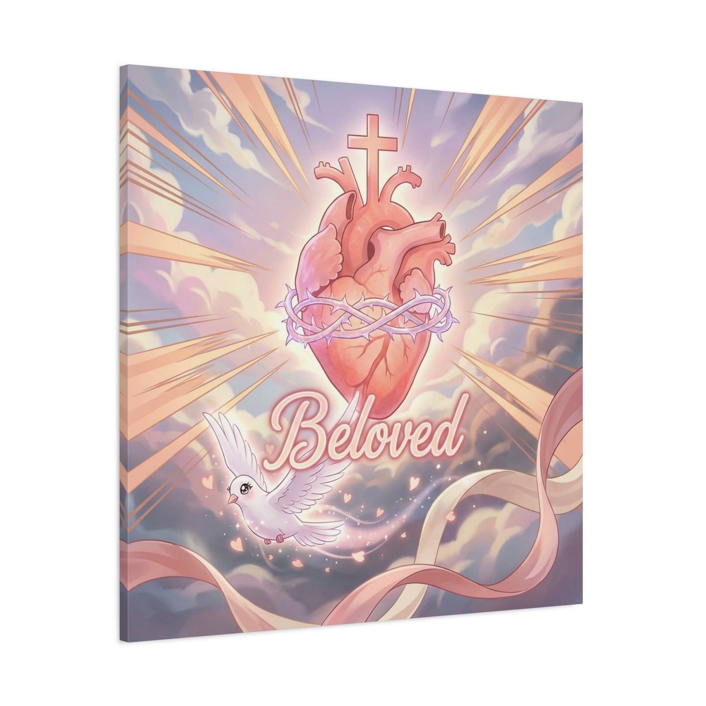 "Beloved" Sacred Heart Canvas Wall Art - Cross, Dove, Crown Of Thorns Christian Decor - Pink Pastel Religious Print - Inspirational Bedroom Home Decoration, Living Room Wall Decor - Ready to Hang