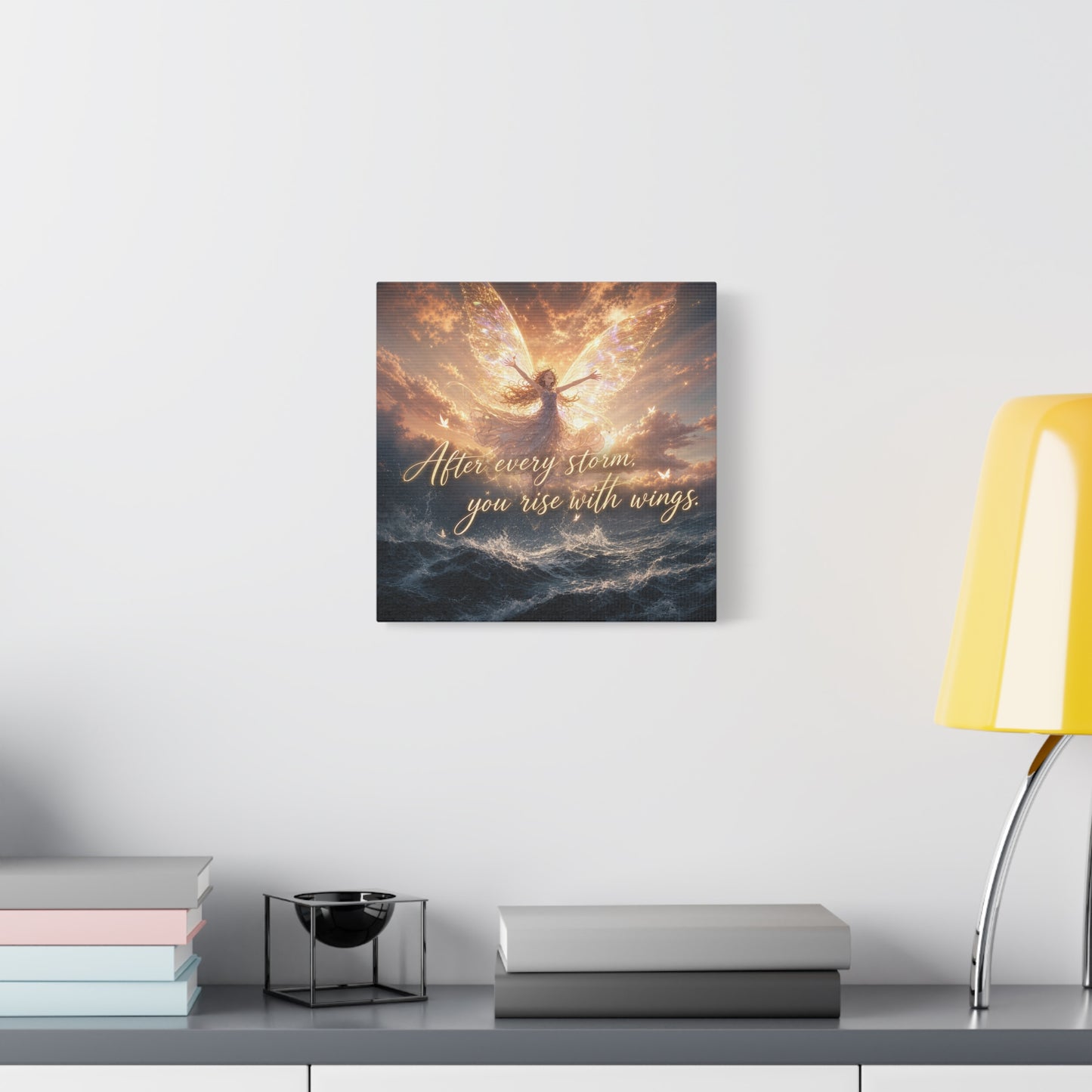 "After Every Storm, You Rise With Wings." Fairy Canvas Wall Art - Inspirational Ocean Sky Quote Print - Golden Ethereal Fantasy Decor - Bedroom Wall Hanging, Living Room Accent - Ready to Hang