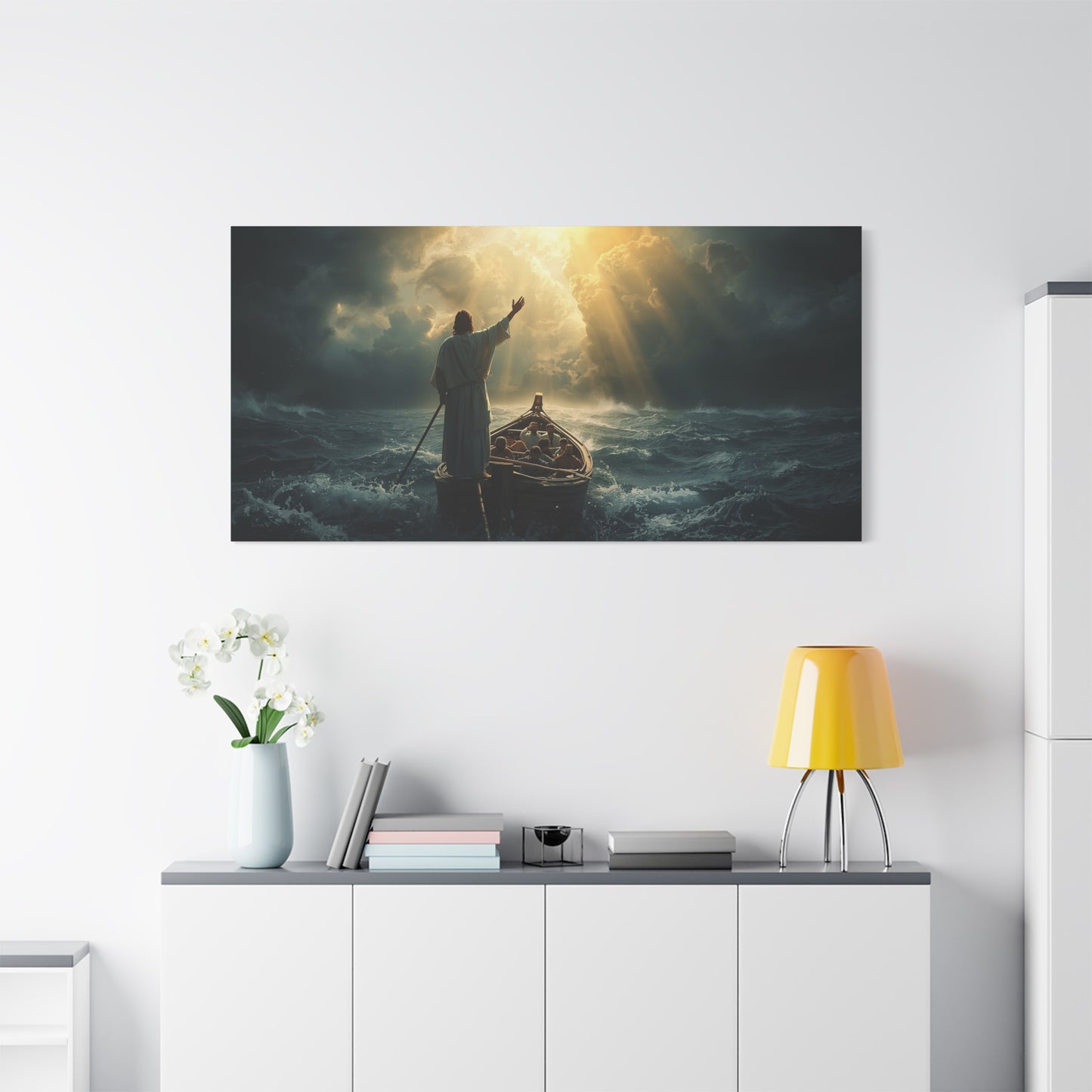 Jesus Calming The Storm Canvas Wall Art - Christian Ocean Boat Scene, Cotton Print - Dramatic Religious Seascape - Living Room Decor, Bedroom Home Decoration, Meditation Space - Living Room Wall Decor