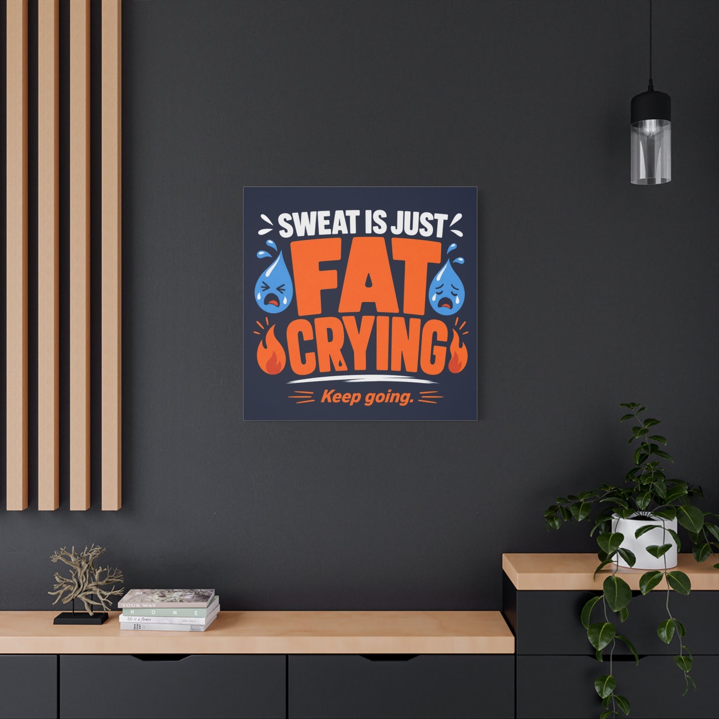 "Sweat Is Just Fat Crying Keep Going" Typography Canvas Wall Art - Funny Gym Motivation Quote Print, Navy Orange Blue Workout Decor - Modern Home Office Wall Decor - Ready to Hang - Ready to Hang