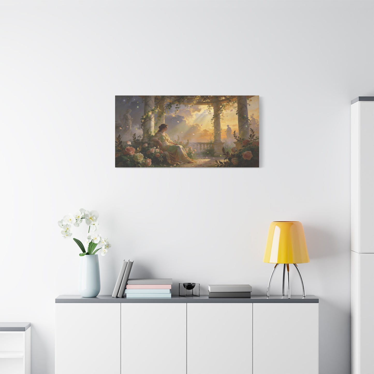 Classical Garden Woman Canvas Wall Art - Rose Pergola Sunset Scene, Romantic Fantasy Painting - Matte Cotton Art Print - Bedroom Wall Decor, Living Room Home Decoration - Bedroom Home Decoration