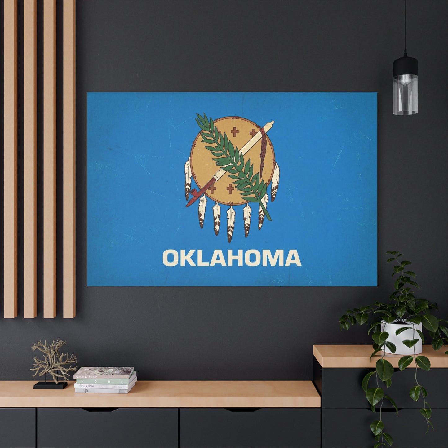 "OKLAHOMA" State Flag Canvas Wall Art - Vintage Blue Shield, Olive Branch And Peace Pipe Print - Rustic Americana Style - Living Room Decor, Office Wall Accent - Ready to Hang - Modern Farmhouse Style