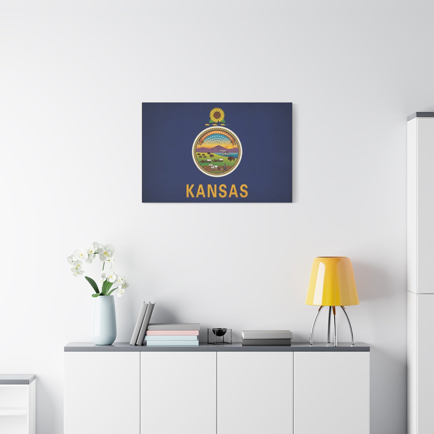 Kansas State Flag Canvas Wall Art - Sunflower Seal Prairie Buffalo Wagon Sunset Print - Vintage Blue Typography Decor - Living Room Wall Decor, Office Art, Dorm Accent - Bedroom Home Decoration