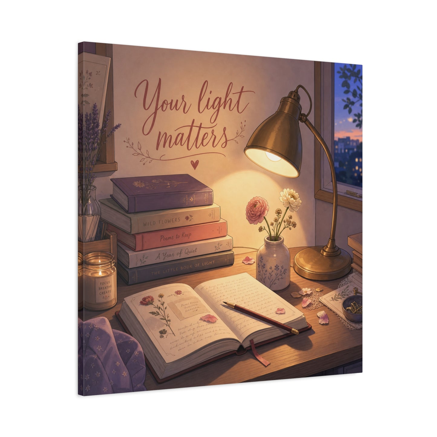 "Your Light Matters" Inspirational Canvas Wall Art - Cozy Desk Lamp Books Floral Print - Warm Vintage Bedroom Wall Decor - Reading Nook Home Decoration - Ready to Hang - Bedroom Home Decoration