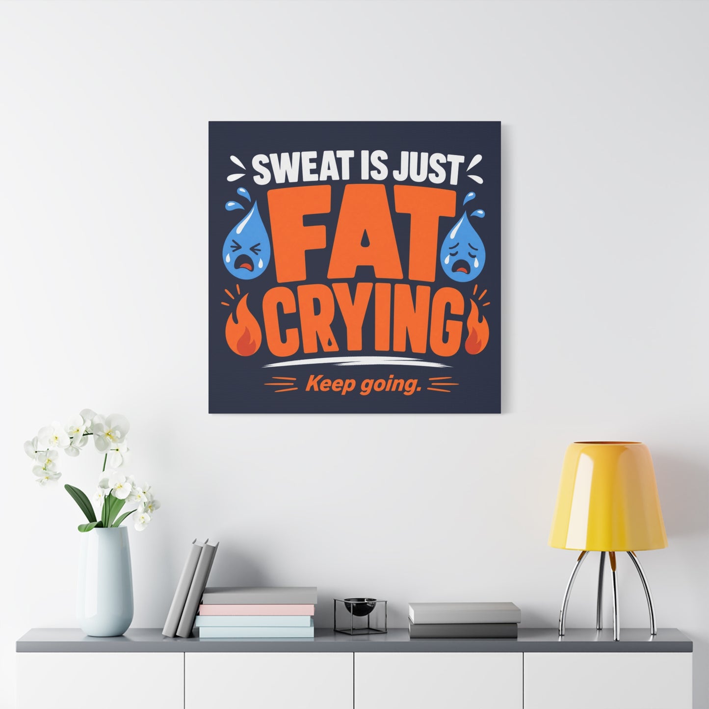"Sweat Is Just Fat Crying Keep Going" Typography Canvas Wall Art - Funny Gym Motivation Quote Print, Navy Orange Blue Workout Decor - Modern Home Office Wall Decor - Ready to Hang - Ready to Hang