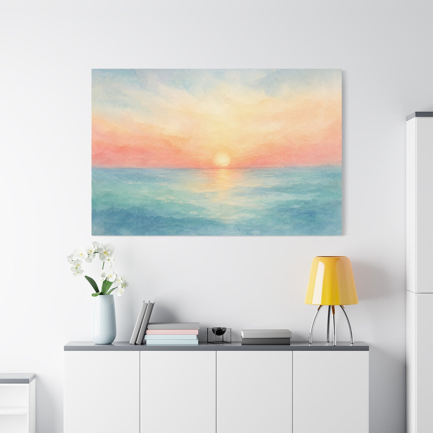 Pastel Ocean Sunrise Canvas Wall Art - Watercolor Seascape, Coastal Wall Decor - Serene Beach Horizon Print - Bedroom Home Decoration, Living Room Accent, Jellyfish Room Decor - Modern Farmhouse Style