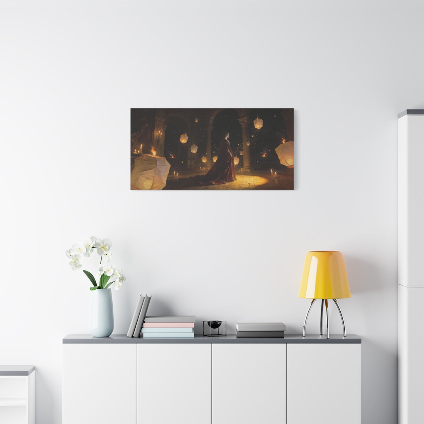 Woman In Candlelit Palace Canvas Wall Art - Floating Lantern Fantasy Scene, Dark Romantic Matte Canvas Print - Traditional Style, Living Room Wall Decor, Bedroom Home Accent - Bedroom Home Decoration
