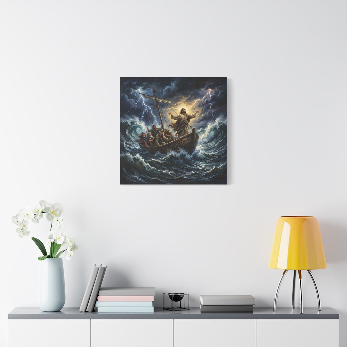Jesus Calming The Storm Canvas Wall Art - Bible Boat Sea Scene, Dramatic Lightning Waves - Cotton Matte Print - Traditional Religious Decor For Living Room Office Bedroom - Living Room Wall Decor