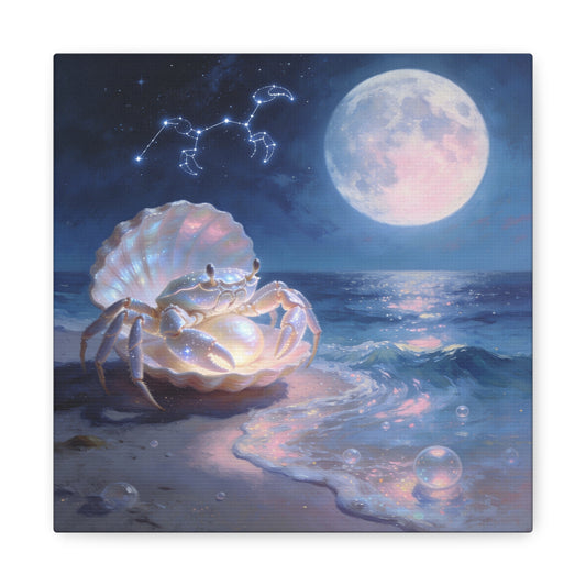 Moonlit Crab Canvas Wall Art - Zodiac Cancer Seascape, Pearl Shell Ocean Night Decor - Dreamy Coastal Illustration, capiz shells wall decor, Bedroom Home Decoration - Bedroom Home Decoration