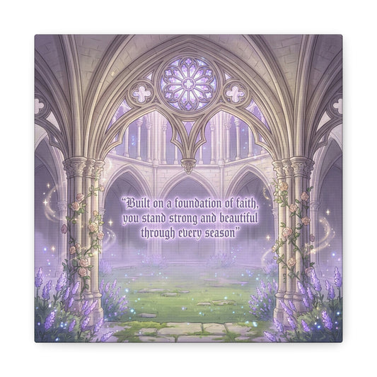 "Built On A Foundation Of Faith, You Stand Strong And Beautiful Through Every Season" Canvas Wall Art - Gothic Cathedral Arch Quote Print - Lavender Floral Decor For Bedroom Living Room