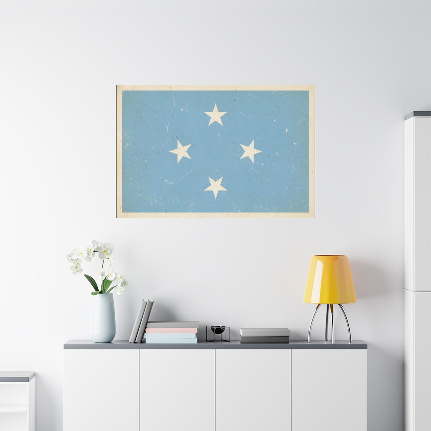 Micronesia Flag Canvas Wall Art - Vintage Blue Four White Stars Print - Distressed Patriotic Island Decor - Coastal Style Living Room Wall Decor, Bedroom Home Decoration - Bedroom Home Decoration