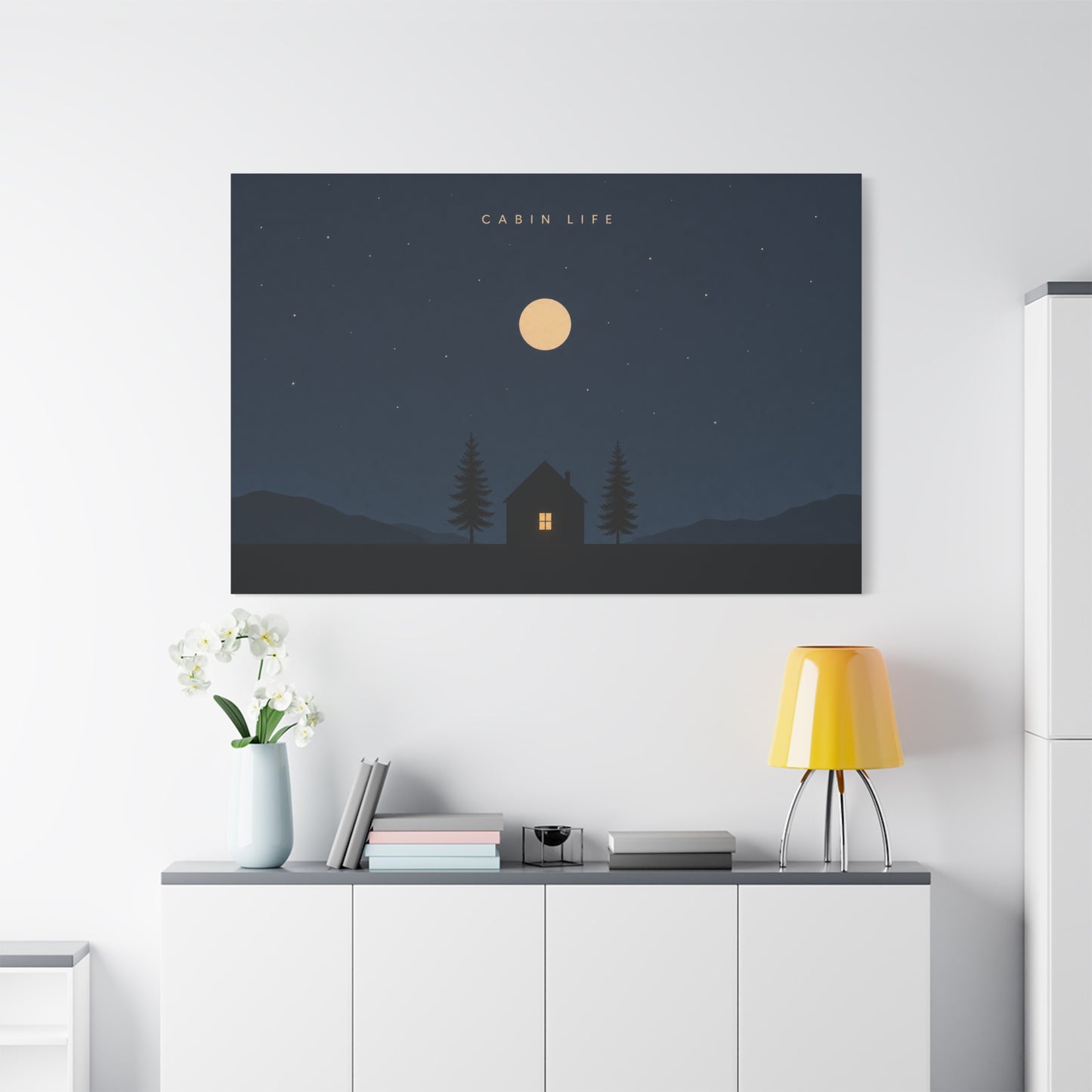"Cabin Life" Moonlit Forest Canvas Wall Art - Minimalist Night Landscape Print - Rustic Lodge Decor, Bedroom Wall Accent, Living Room Decoration, Mountain Retreat Style - Bedroom Home Decoration