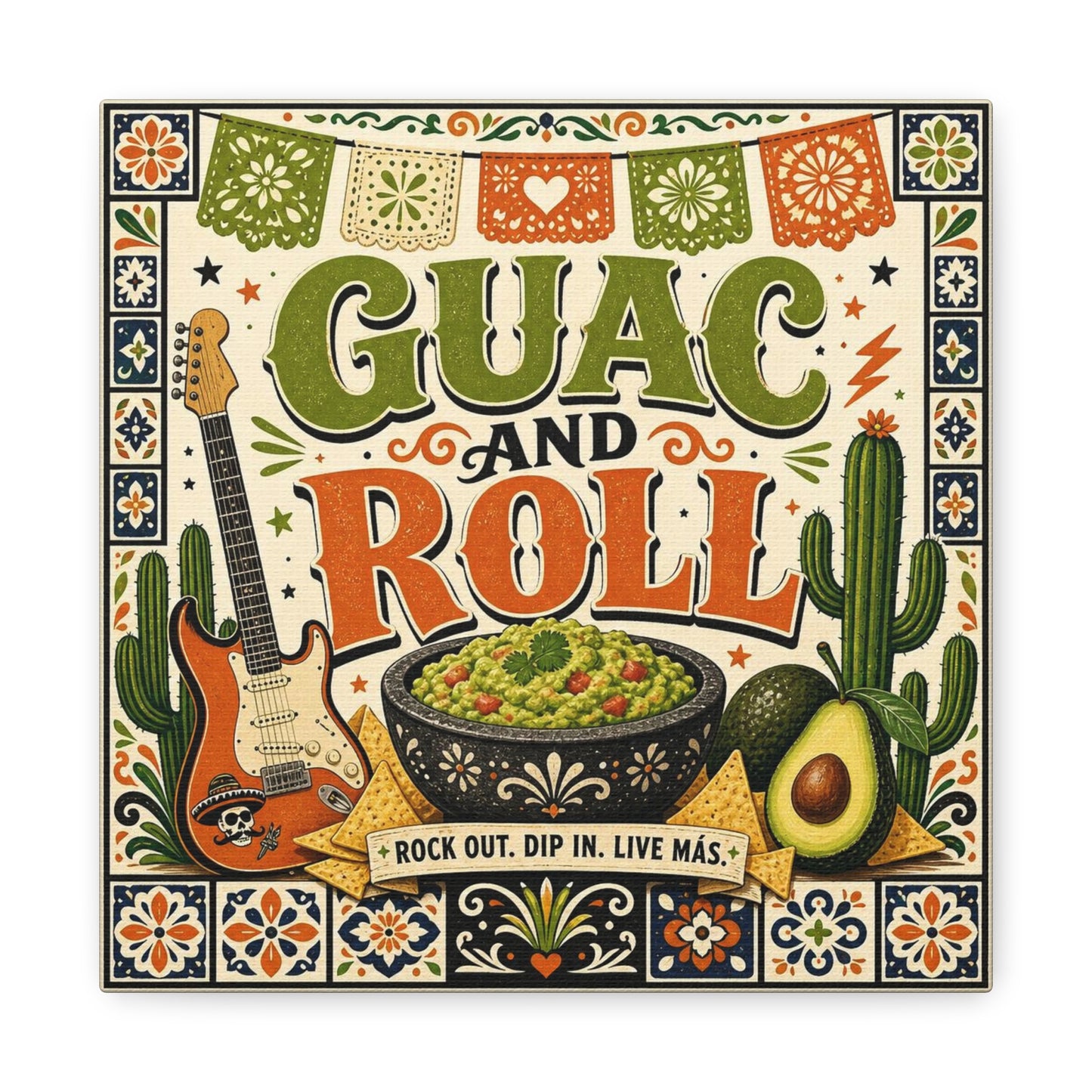 "Guac And Roll" Typography Canvas Wall Art - Fiesta Guitar, Cactus, Avocado Folk Illustration - Bohemian Rustic Style - Kitchen Wall Decor, Dining Room Accent, Cafe Wall Decor - Modern Farmhouse Style