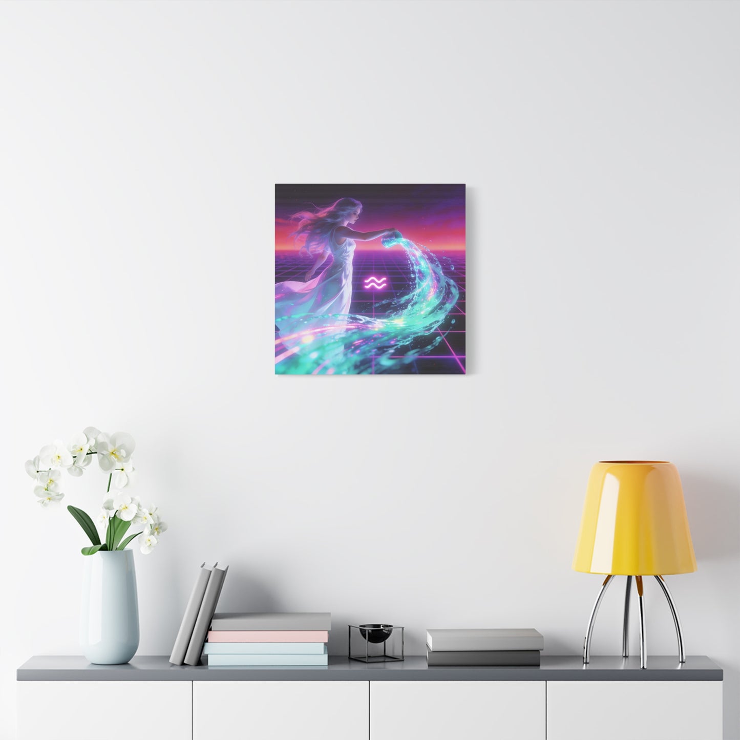 Aquarius Woman Canvas Wall Art - Neon Water Bearer Zodiac Illustration, Retro Synthwave Aesthetic - Matte Canvas Print - Bedroom Wall Decor, Home Office Accent, Mystical Decor - Modern Farmhouse Style