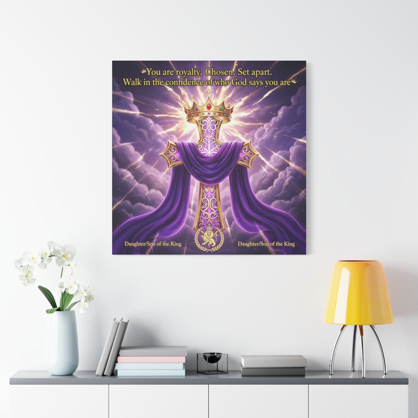 "You Are Royalty. Chosen. Set Apart." Christian Canvas Wall Art - Crowned Cross With Purple Draped Cloth, Daughter Son Of The King Quote - Religious Wall Decor For Bedroom, Office - Ready to Hang