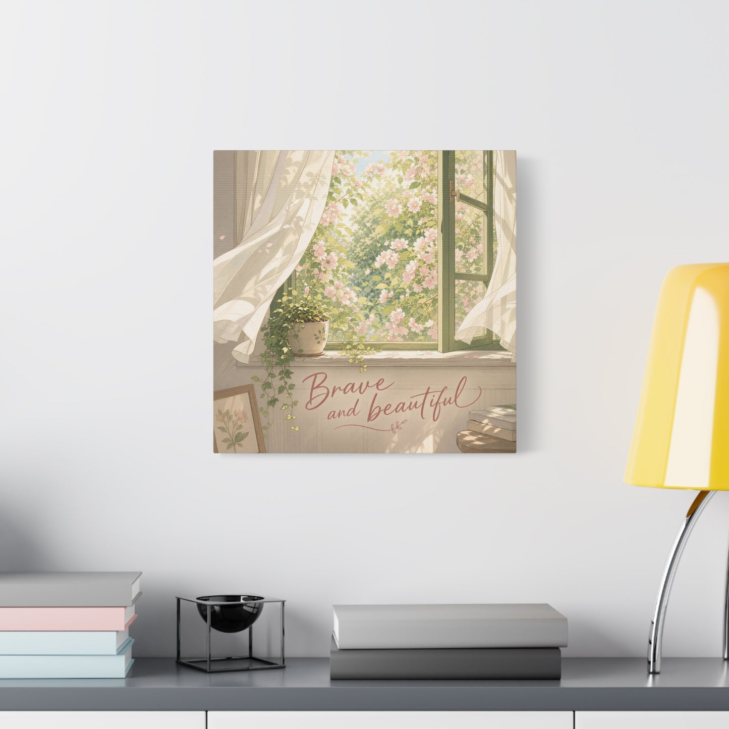 "Brave And Beautiful" Inspirational Canvas Wall Art - Open Window Pink Blossoms, Sheer Curtains, Botanical Quote Print - Soft Vintage Style - Bedroom Wall Decor, Living Room Accent - Ready to Hang