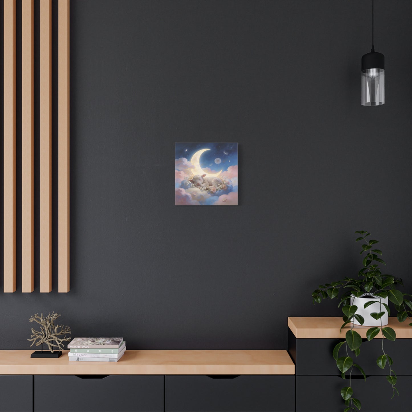 Sleeping Lamb Canvas Wall Art - Crescent Moon, Stars, Pink Clouds Nursery Decor - Dreamy Pastel Canvas Print - Whimsical Storybook Style - Bedroom Home Decoration, Kids Room Accent - Office Wall Art