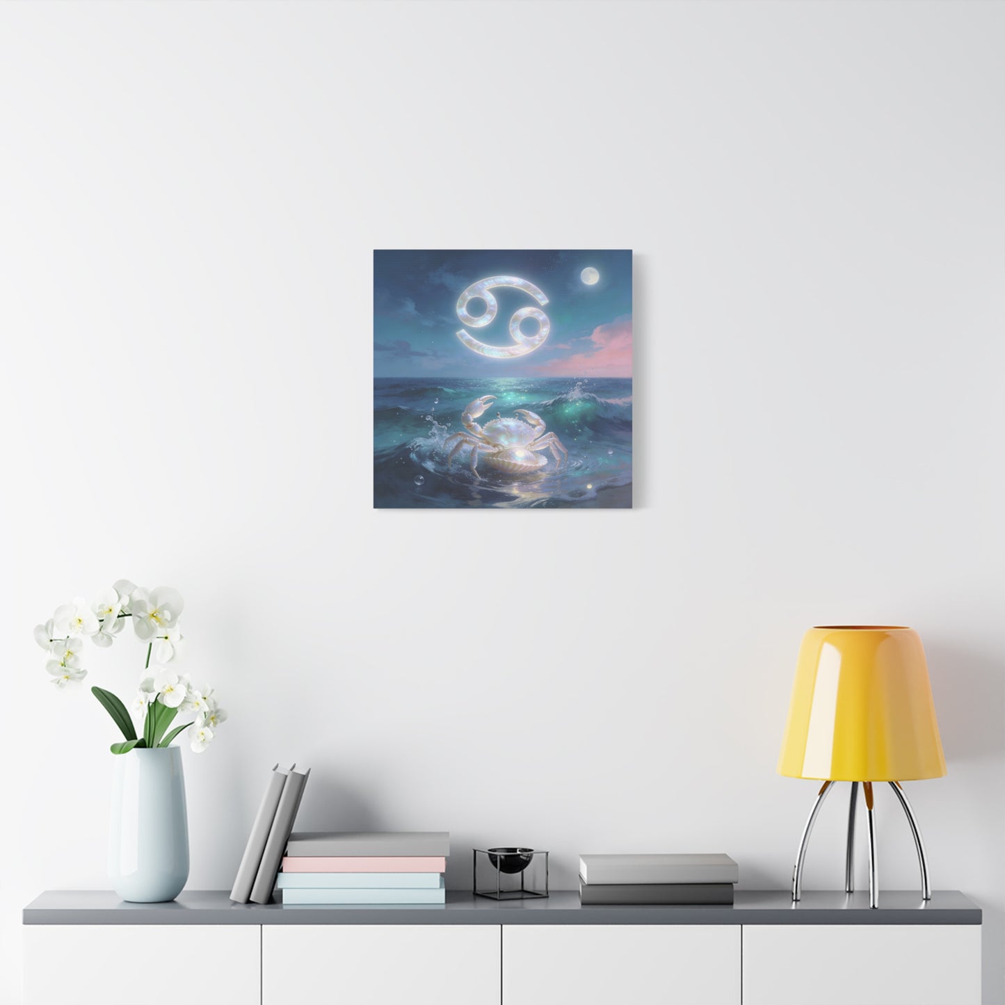 Cancer Zodiac Canvas Wall Art - Moonlit Ocean Crab, Iridescent Shell Symbol - Coastal Celestial Print, Dreamy Blue Seascape - Bedroom Home Decoration, Living Room Wall Decor - Bedroom Home Decoration