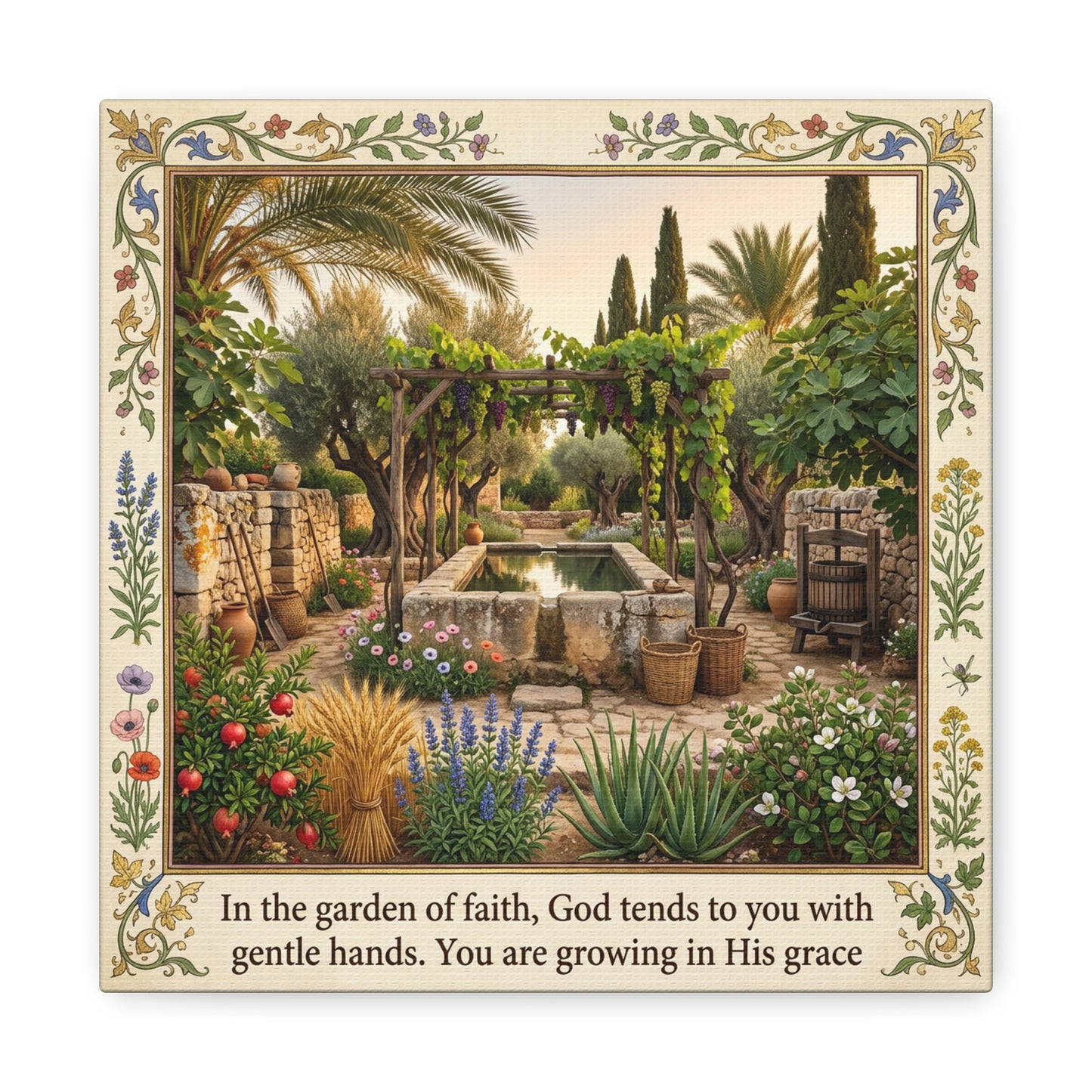 "In The Garden Of Faith, God Tends To You" Canvas Wall Art - Biblical Garden Scripture Print, Floral Border, Rustic Mediterranean Courtyard Scene - Christian Home Decor For Living Room - Ready to Hang