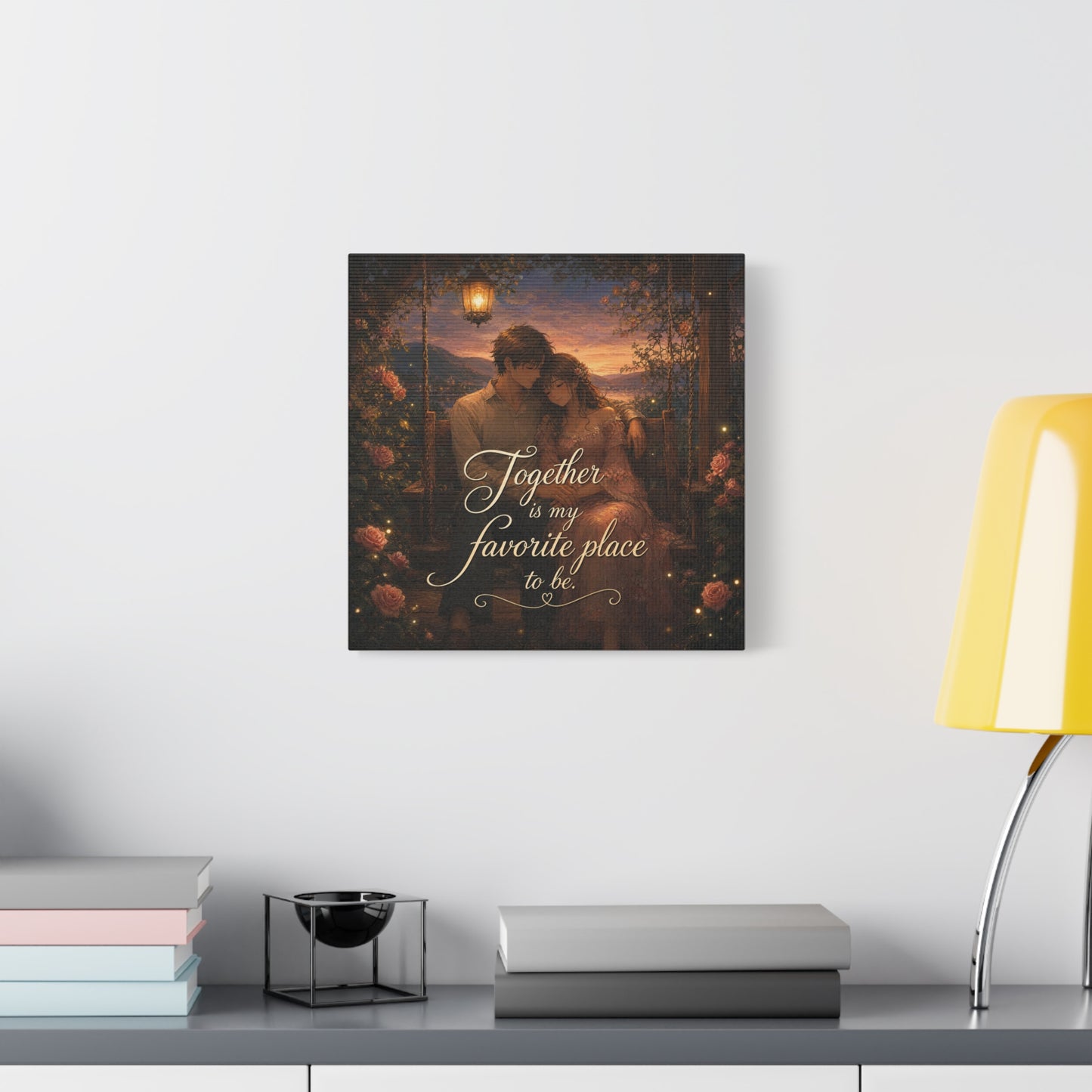 "Together Is My Favorite Place To Be" Romantic Couple Canvas Wall Art - Lantern Swing Sunset Lake Scene, Floral Garden Love Quote Print - Vintage Bedroom Decor - Office Wall Art - Ready to Hang