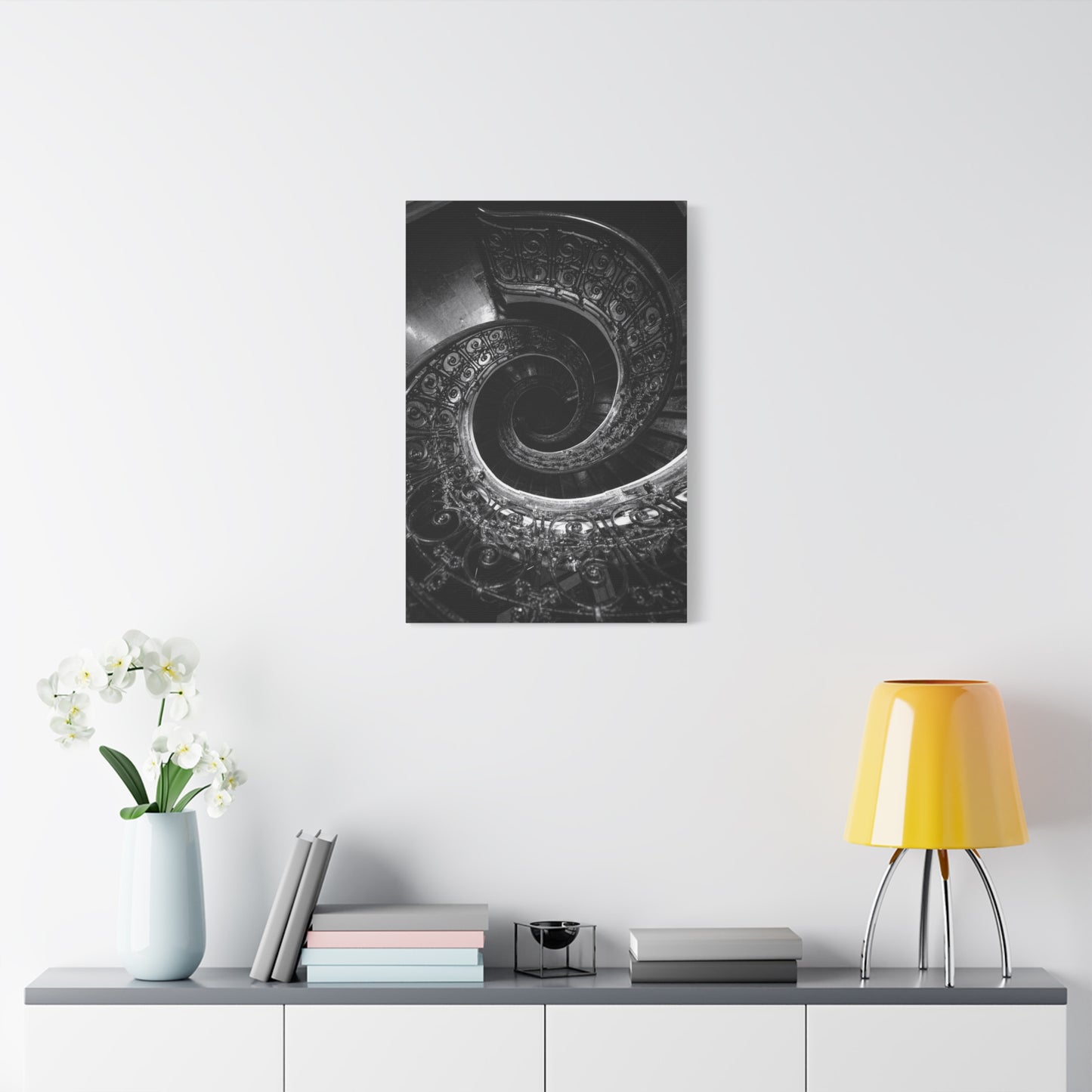 Black And White Spiral Staircase Canvas Wall Art - Architectural Art Print, Moody Monochrome Interior, Modern Minimalist Style - Office Wall Decor, Living Room Accent - Bedroom Home Decoration