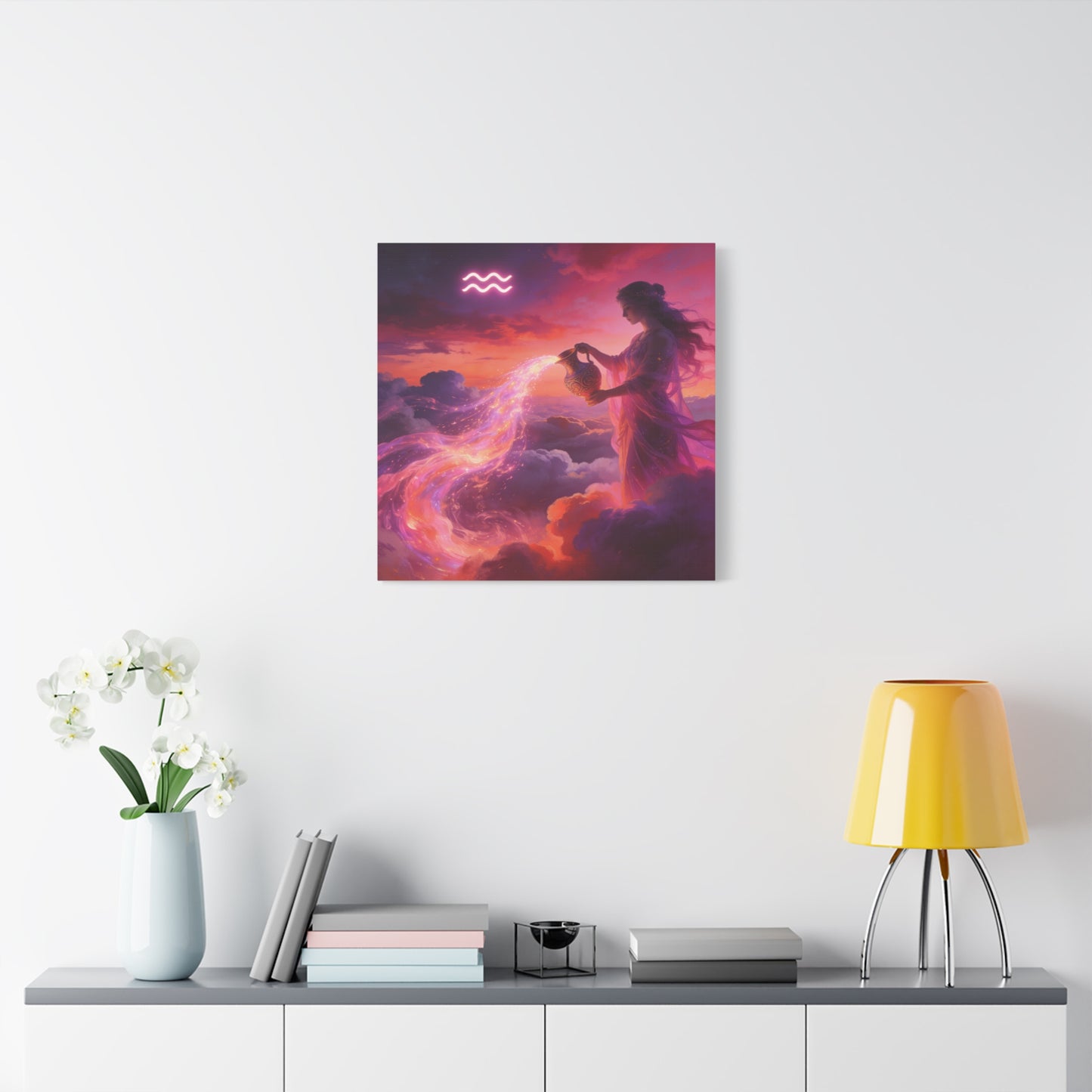 Aquarius Goddess Canvas Wall Art - Zodiac Woman Pouring Celestial Water, Fantasy Sky Illustration - Pink Purple Matte Canvas Print - Bedroom Wall Decor, Bohemian Home Accent - Bedroom Home Decoration