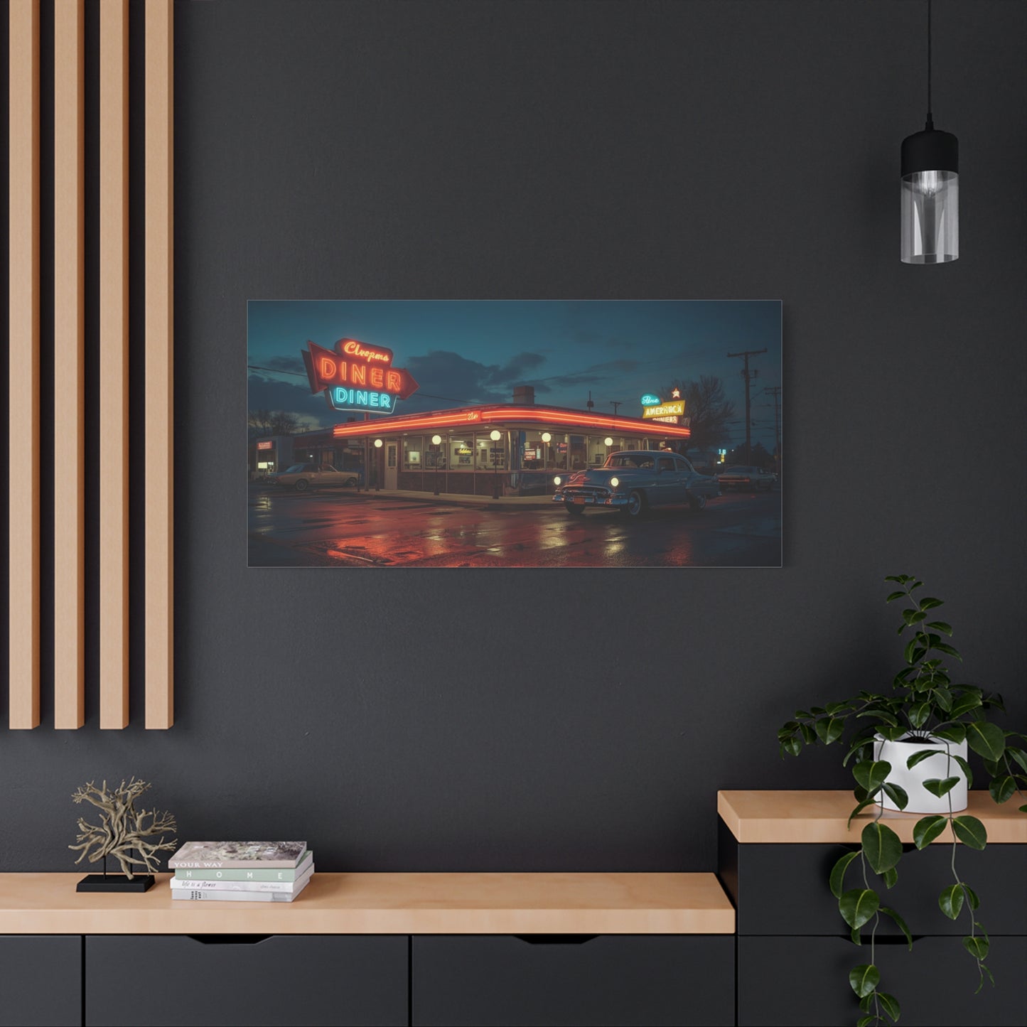 Neon Diner Canvas Wall Art - Retro American Diner Night Scene, Vintage Car Art Print - Moody Blue Glow, Contemporary Style - Living Room Wall Decor, Office Art - Bedroom Home Decoration