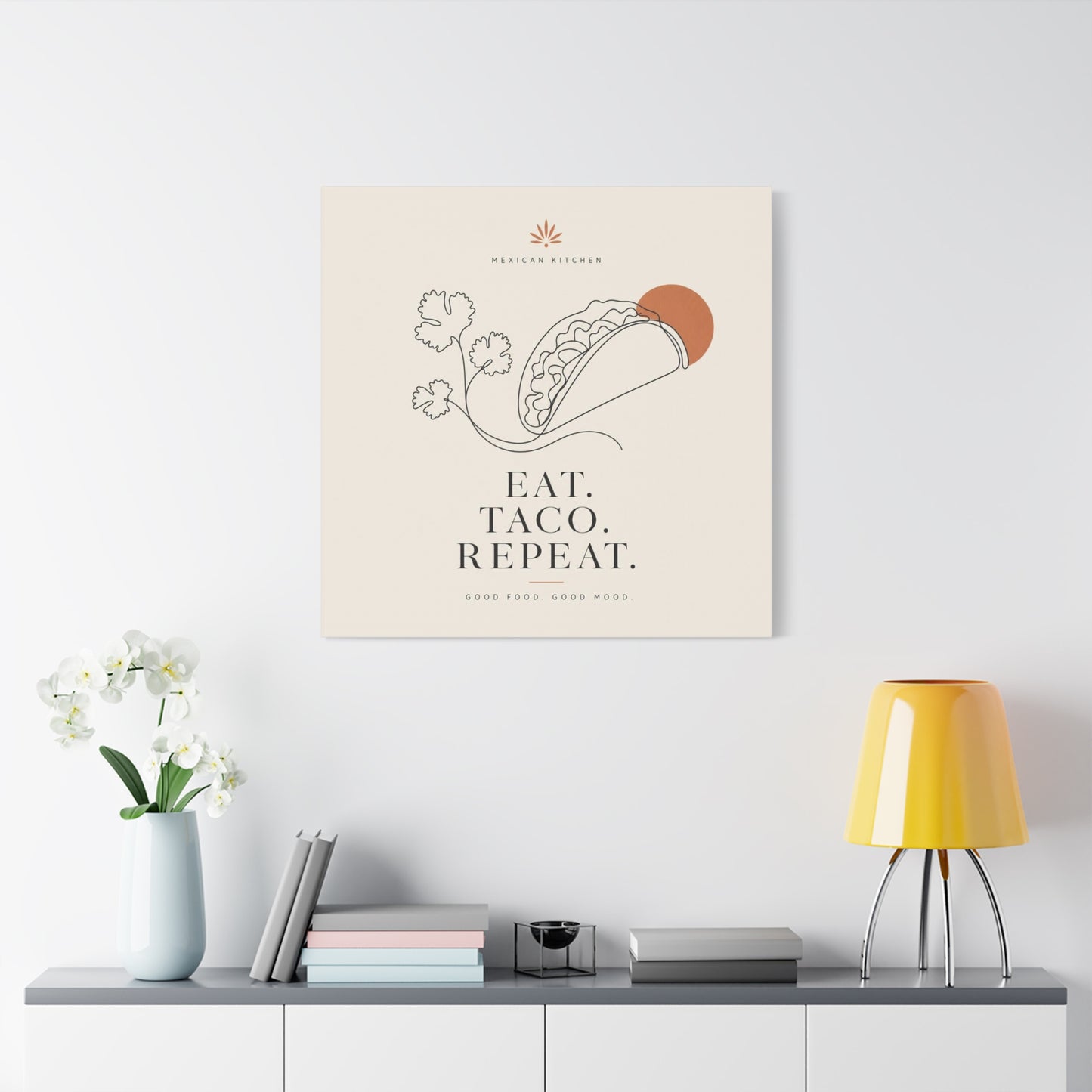 "Eat. Taco. Repeat." Mexican Kitchen Canvas Wall Art - Minimalist Taco Line Illustration, Terracotta Sun, Typography Print - Modern Kitchen Decor, Cafe Wall Decor, Dining Room Accent - Ready to Hang