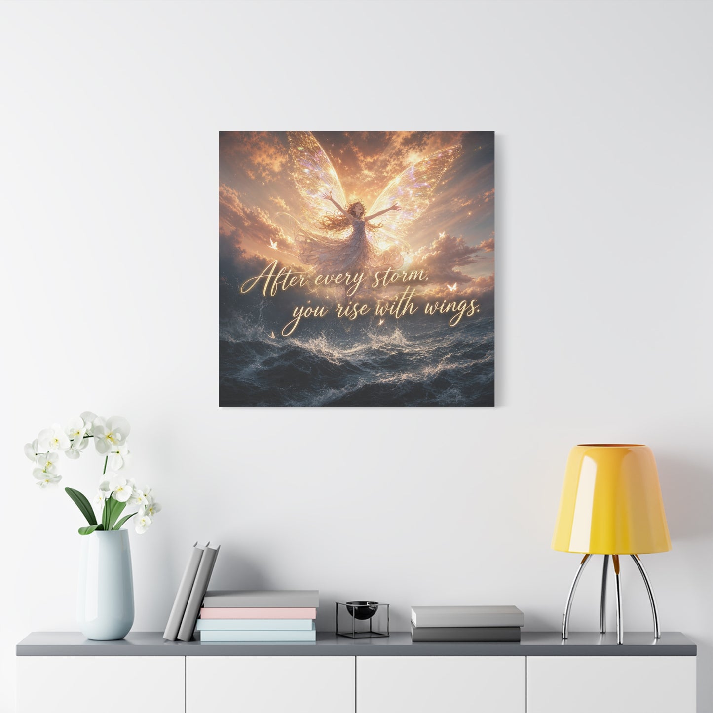 "After Every Storm, You Rise With Wings." Fairy Canvas Wall Art - Inspirational Ocean Sky Quote Print - Golden Ethereal Fantasy Decor - Bedroom Wall Hanging, Living Room Accent - Ready to Hang