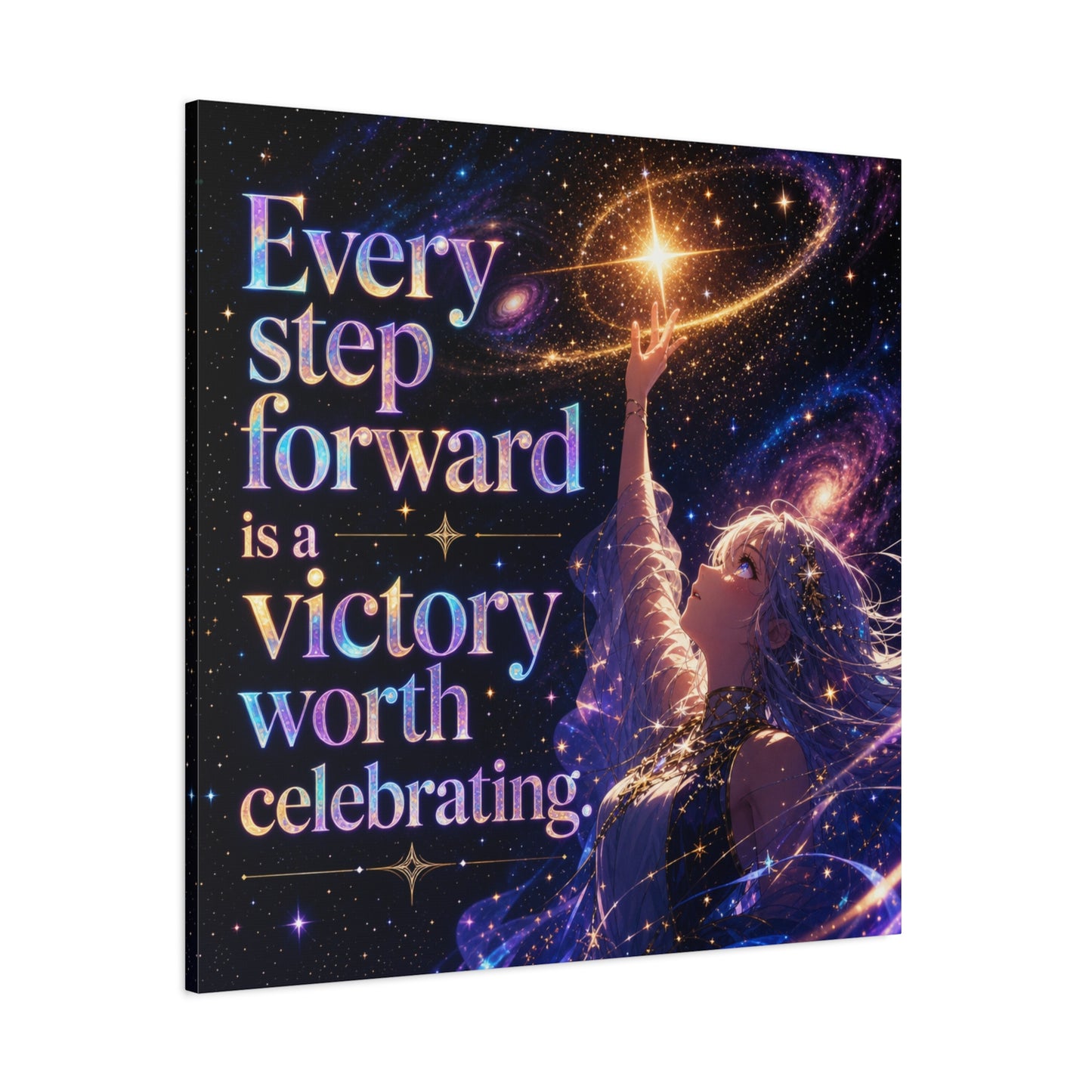 "Every Step Forward Is A Victory Worth Celebrating" Inspirational Canvas Wall Art - Cosmic Anime Girl Galaxy Quote Print - Celestial Purple Blue Decor - Bedroom Home Decoration - Office Wall Art