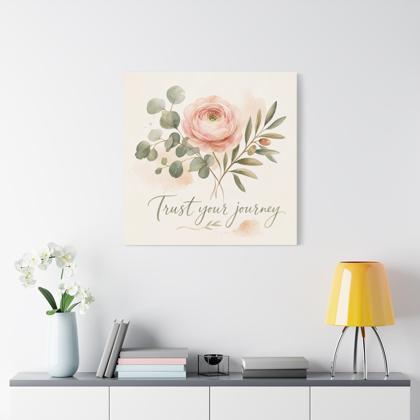 "Trust Your Journey" Floral Canvas Wall Art - Blush Rose, Eucalyptus Botanical Watercolor - Inspirational Home Decor - Bedroom Wall Hanging, Modern Farmhouse Style, Office Accent - Ready to Hang