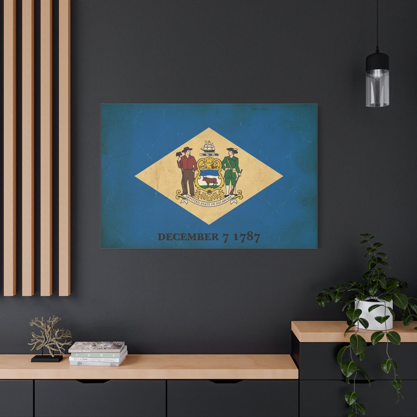 Delaware State Flag Canvas Wall Art - "December 7 1787" Vintage Blue Banner Print - Patriotic Historical Decor, Matte Canvas, Living Room Wall Decor, Office Art - Ready to Hang - Ready to Hang