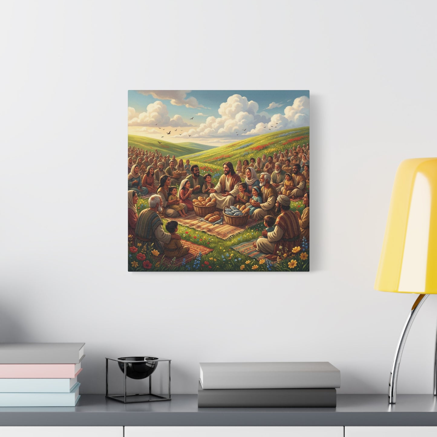 Jesus Feeding The Multitude Canvas Wall Art - Bread And Fish Biblical Scene - Meadow Landscape Christian Home Decor - Matte Cotton Print For Living Room, Bedroom, Office, Meditation Space
