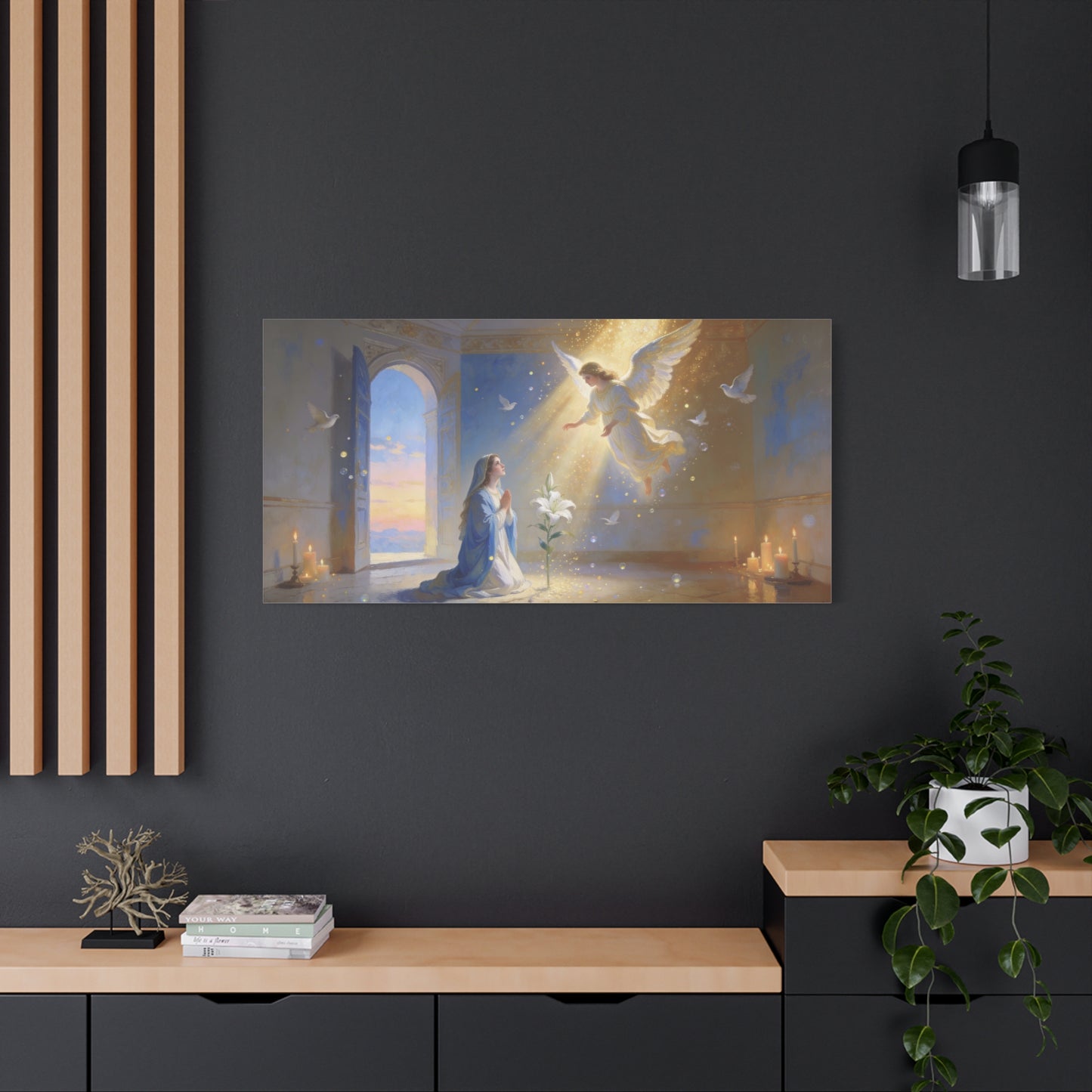 Virgin Mary Angel Canvas Wall Art - Annunciation Religious Print, White Lily, Doves, Golden Light - Traditional Matte Canvas - Bedroom Christian Wall Decor, Meditation Space - Bedroom Home Decoration