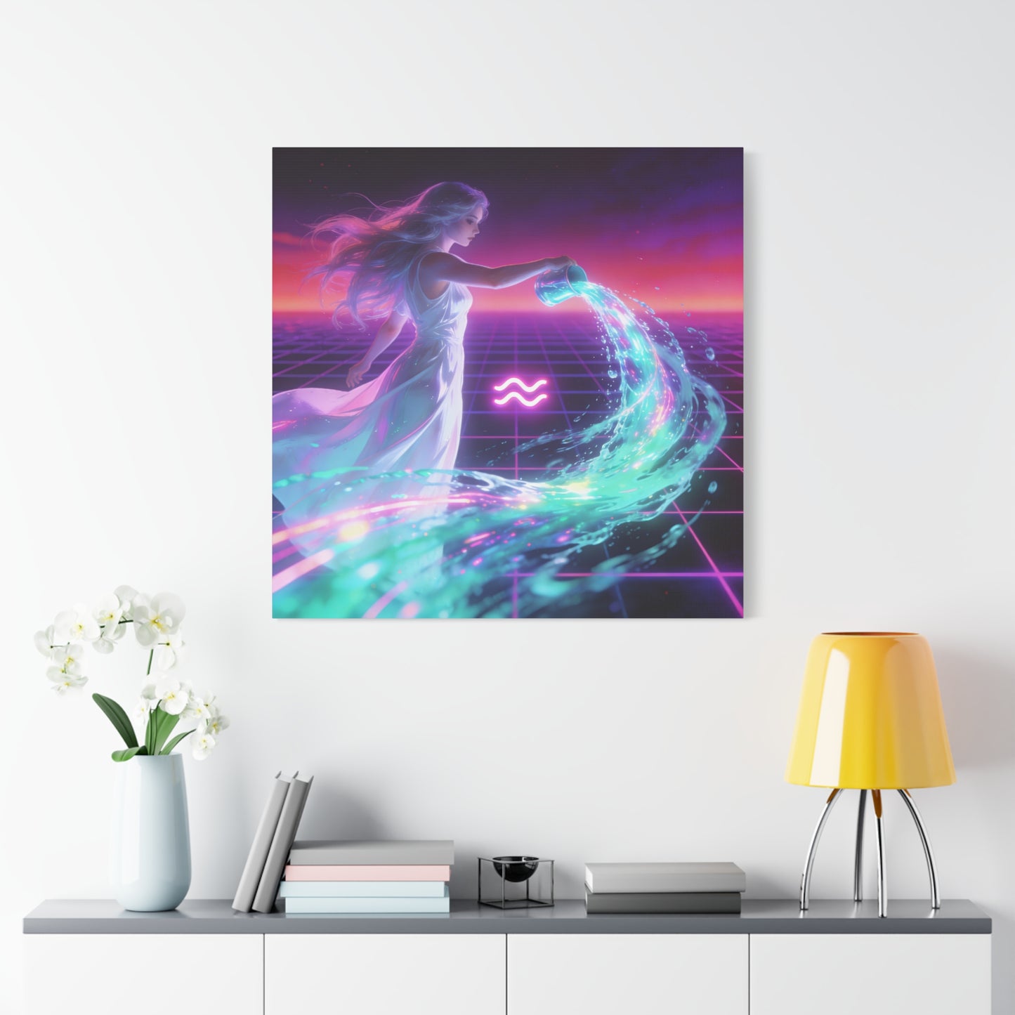 Aquarius Woman Canvas Wall Art - Neon Water Bearer Zodiac Illustration, Retro Synthwave Aesthetic - Matte Canvas Print - Bedroom Wall Decor, Home Office Accent, Mystical Decor - Modern Farmhouse Style