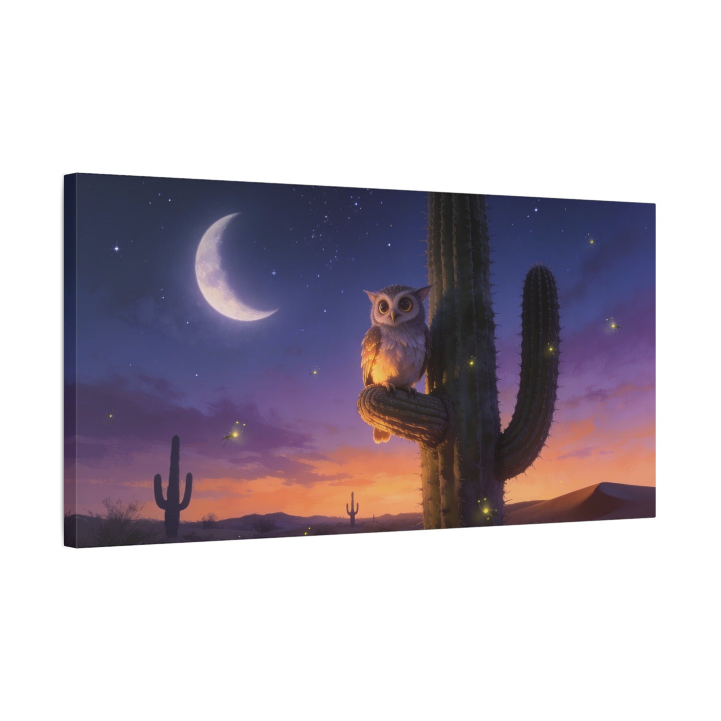 Owl On Saguaro Cactus Canvas Wall Art - Moonlit Desert Night Sky, Fireflies, Twilight Landscape - Matte Cotton Print - Contemporary Wildlife Style - Bedroom Living Room Decor - Living Room Wall Decor